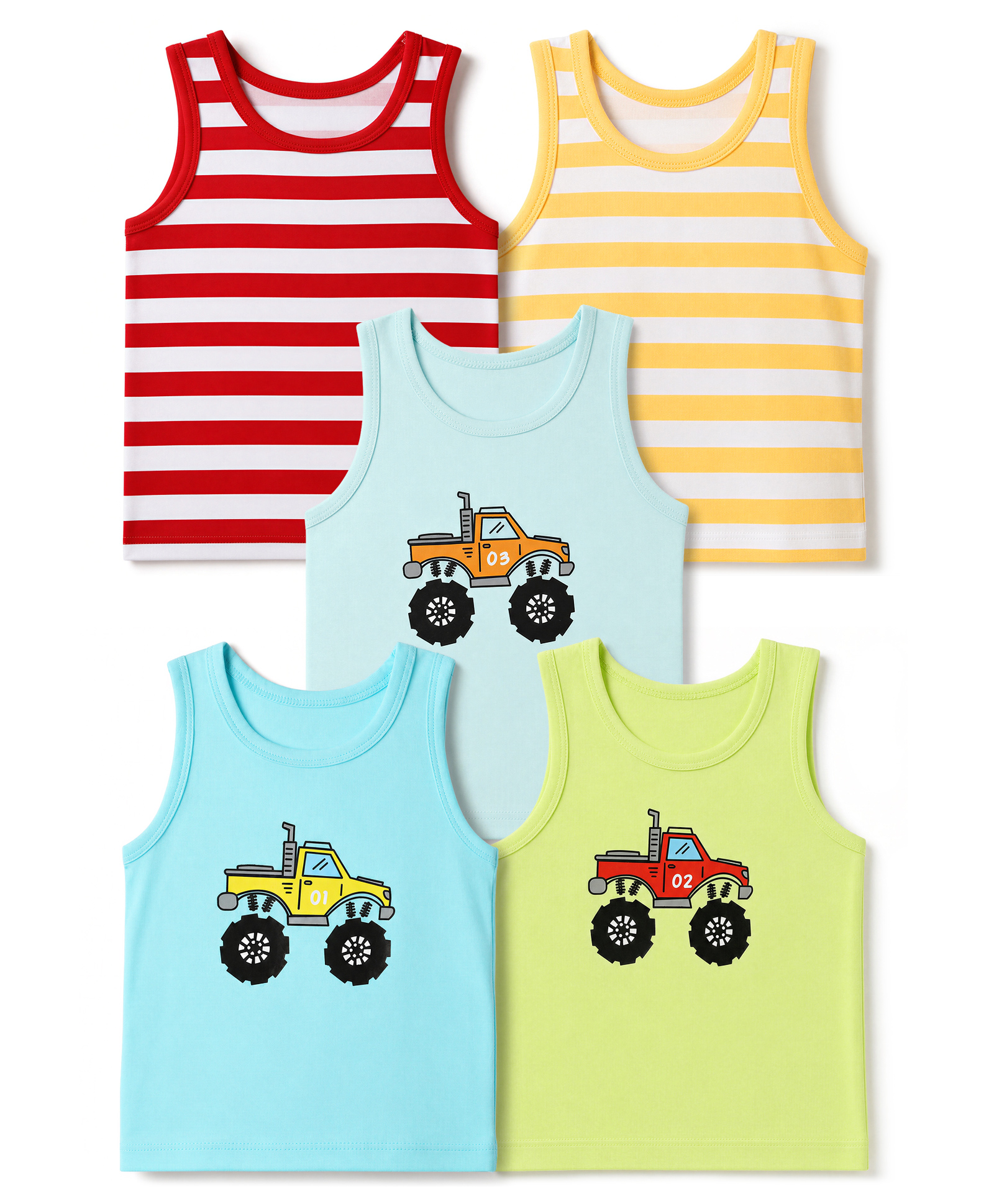 Doodle Poodle 100% Cotton Single Jersey Knit Sleeveless Striped Vests With Monster Truck Print Pack of 5 Vest -Blue, Light Blue, Limegreen, Yellow & Red-image-32