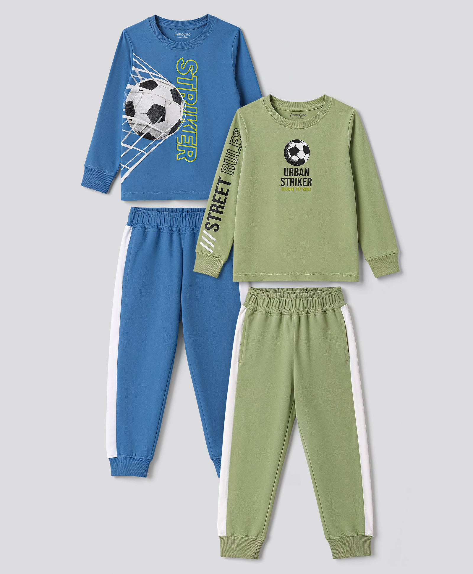 Primo Gino 100% Cotton Knit Full Sleeves T-Shirt & Pyjama Night Suit with Football Print Pack of 2 - Olive & Blue-image-29