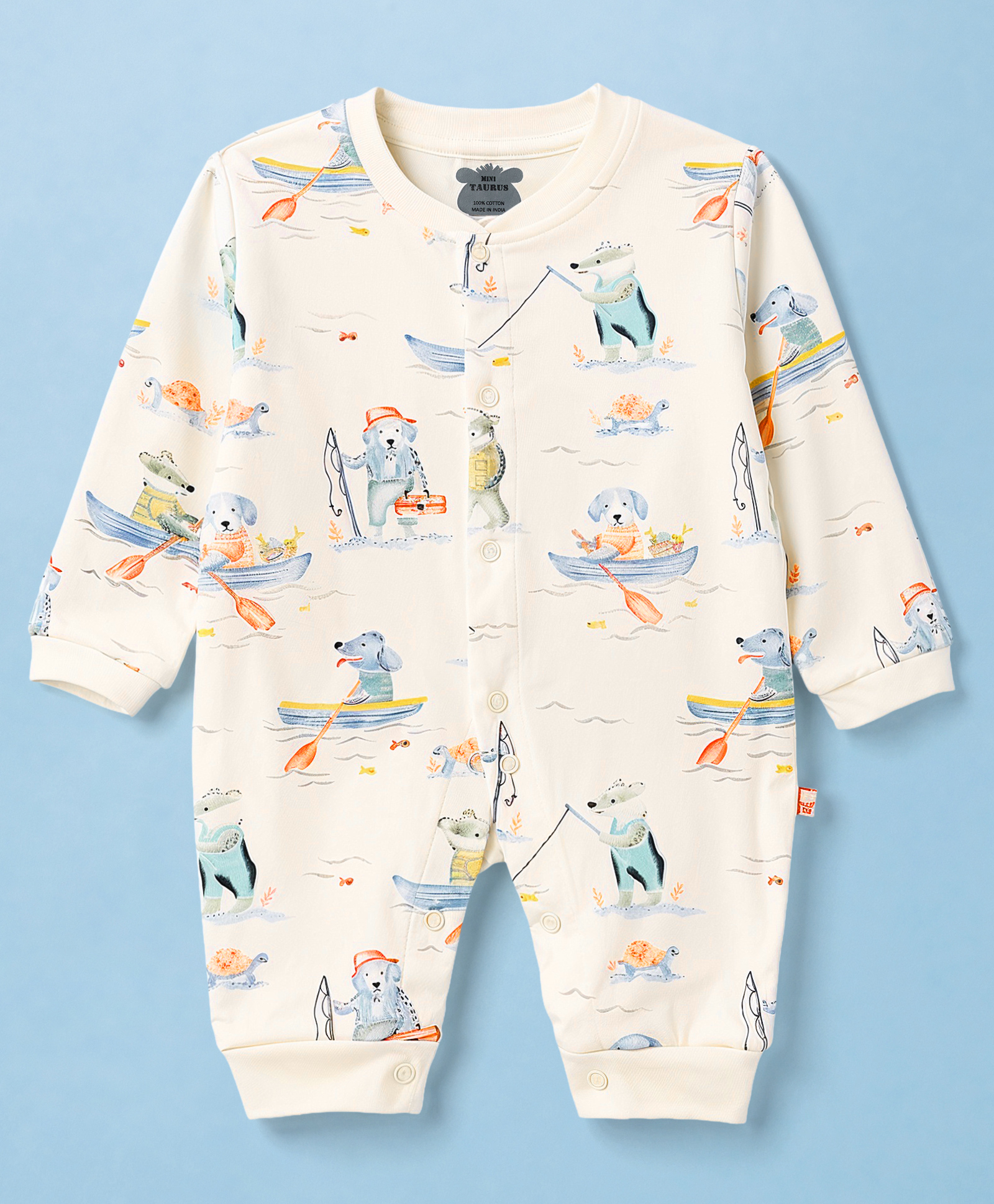 Mini Taurus Interlock Woven Full Sleeves Sleep Suit With Animal & Sea Life Print - Off White-image-44