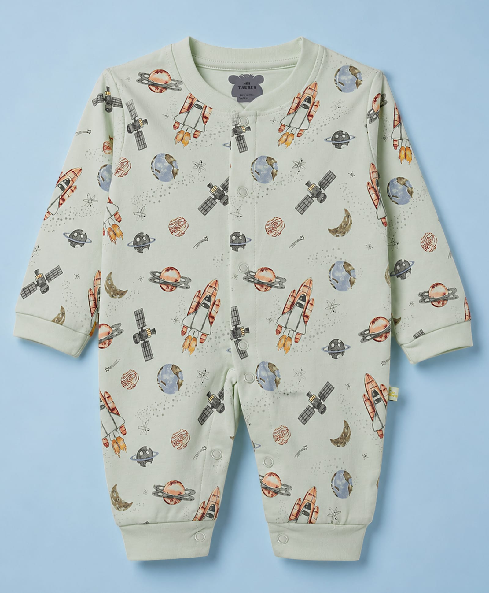 Mini Taurus Interlock Woven Full Sleeves Sleep Suit With Space Print - Green-image-49