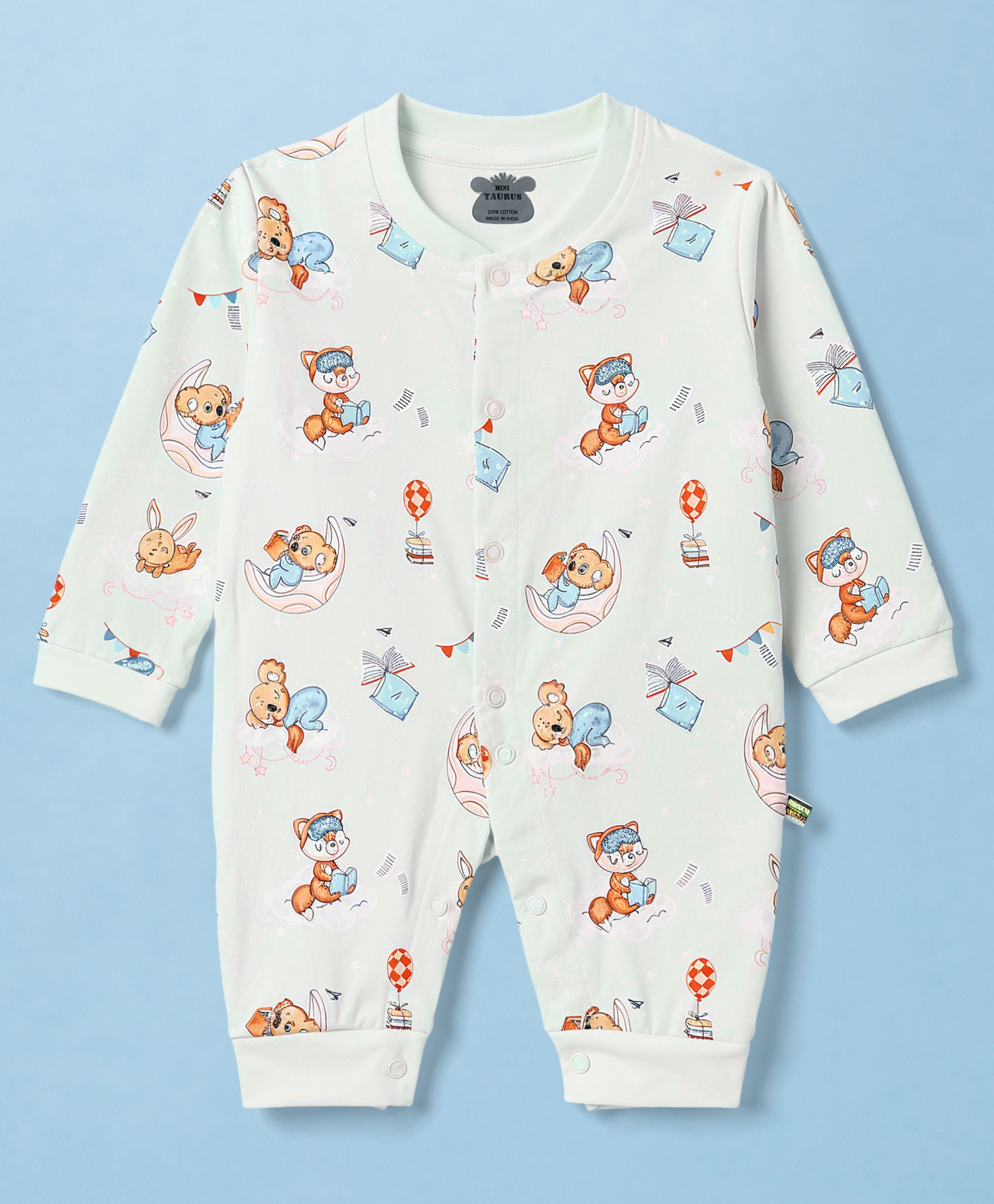 Mini Taurus Interlock Woven Full Sleeves Sleep Suit With Teddy Bear Print - Light Blue-picture-8