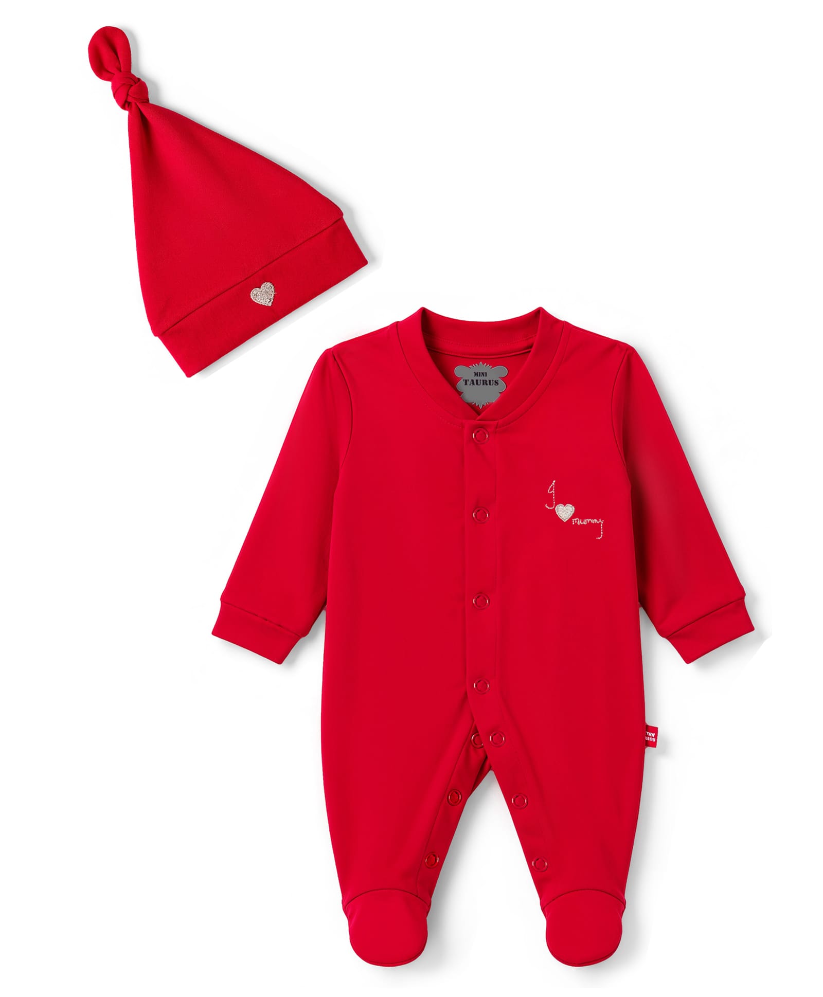 Mini Taurus Interlock Woven Full Sleeves Sleep Suit With Cap & Text Embroidery - Red-image-36
