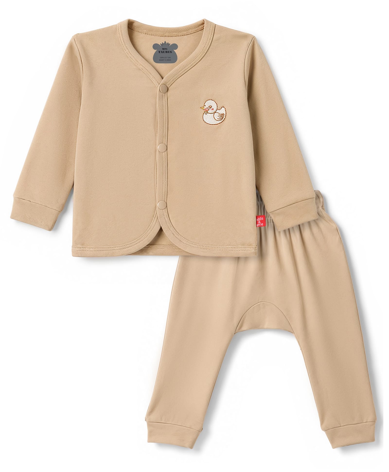 Mini Taurus Knitted Full Sleeves T-Shirt & Pyjama Night Suit With Duck Embroidery - Khaki-image-12