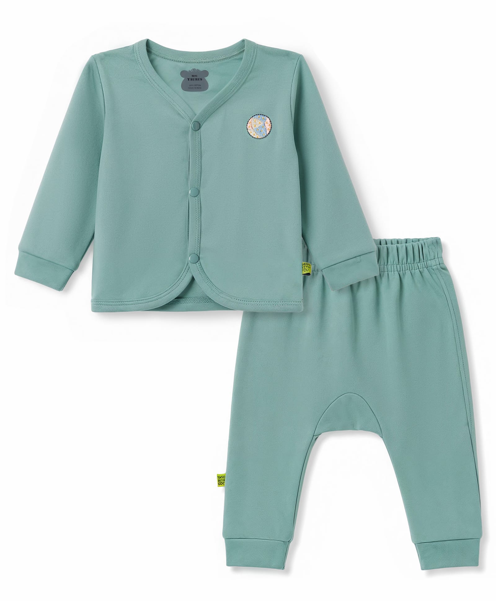 Mini Taurus Knitted Full Sleeves T-Shirt & Pyjama Night Suit With Ball Embroidery - Green-image-13