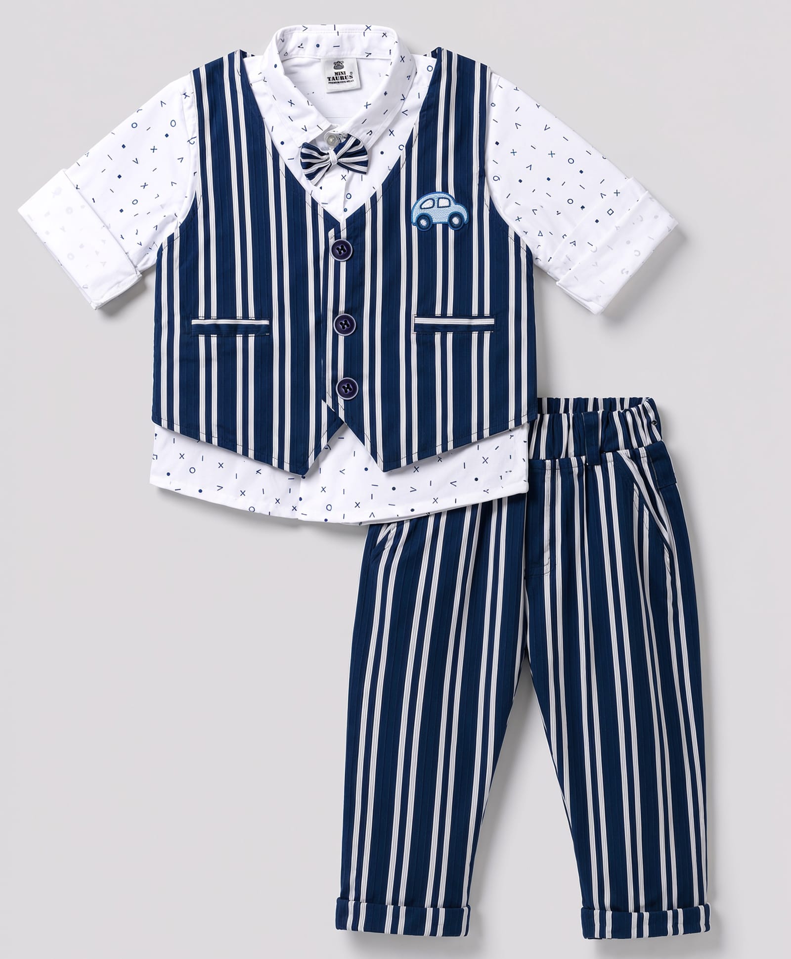 Mini Taurus Knitted Full Sleeves 3 Piece Striped Party Suit with Attached Bow & Car Embroidered - Navy-image-22