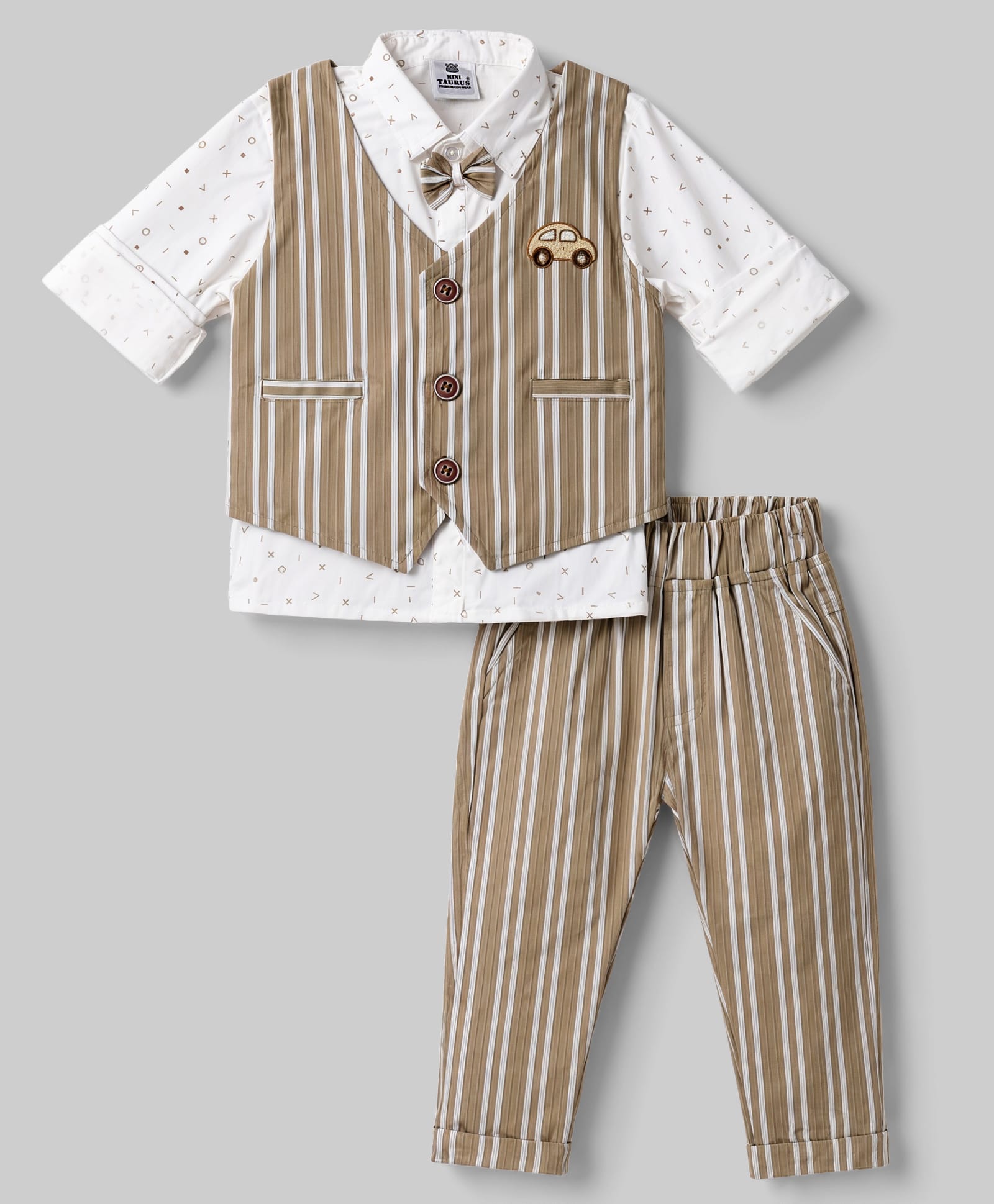 Mini Taurus Knitted Full Sleeves 3 Piece Striped Party Suit with Attached Bow & Car Embroidered - Beige-picture-7