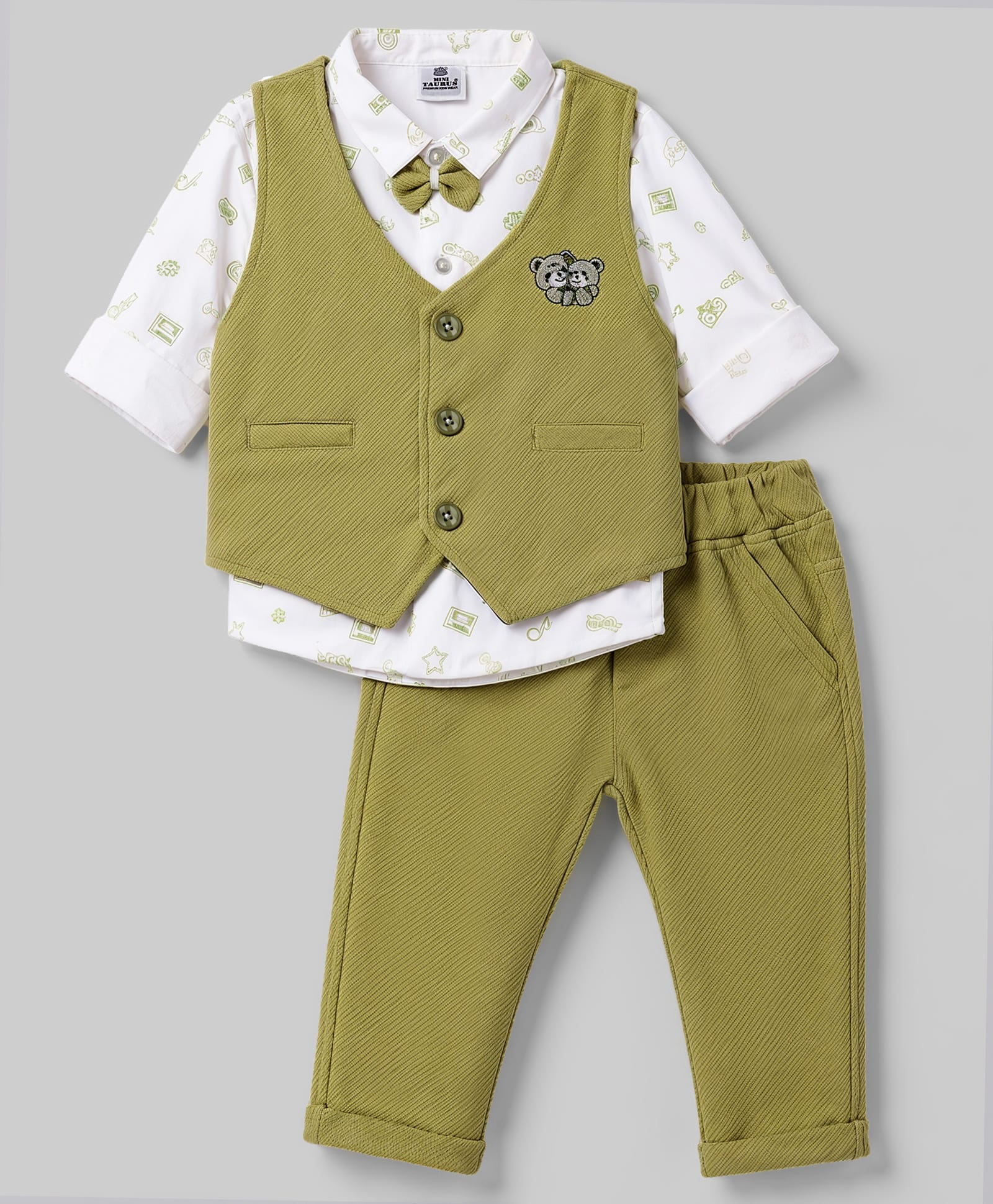 Mini Taurus Knitted Full Sleeves 3 Piece Party Suit with Attached Bow & Bear Embroidered - Olive-picture-13