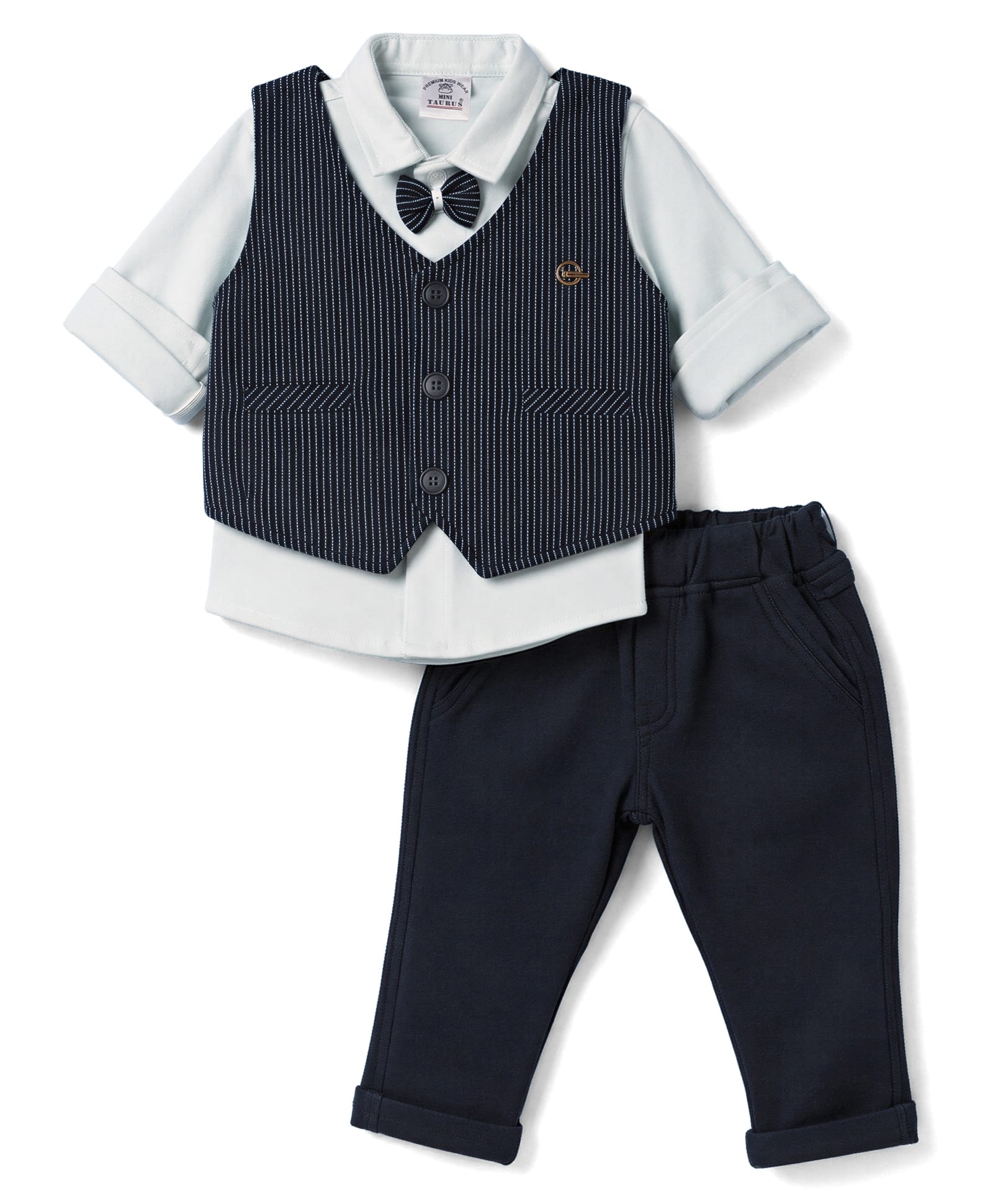 Mini Taurus 100% Cotton knit Full Sleeves Striped Three Piece Party Suit With Bow Applique - Navy Blue-picture-22