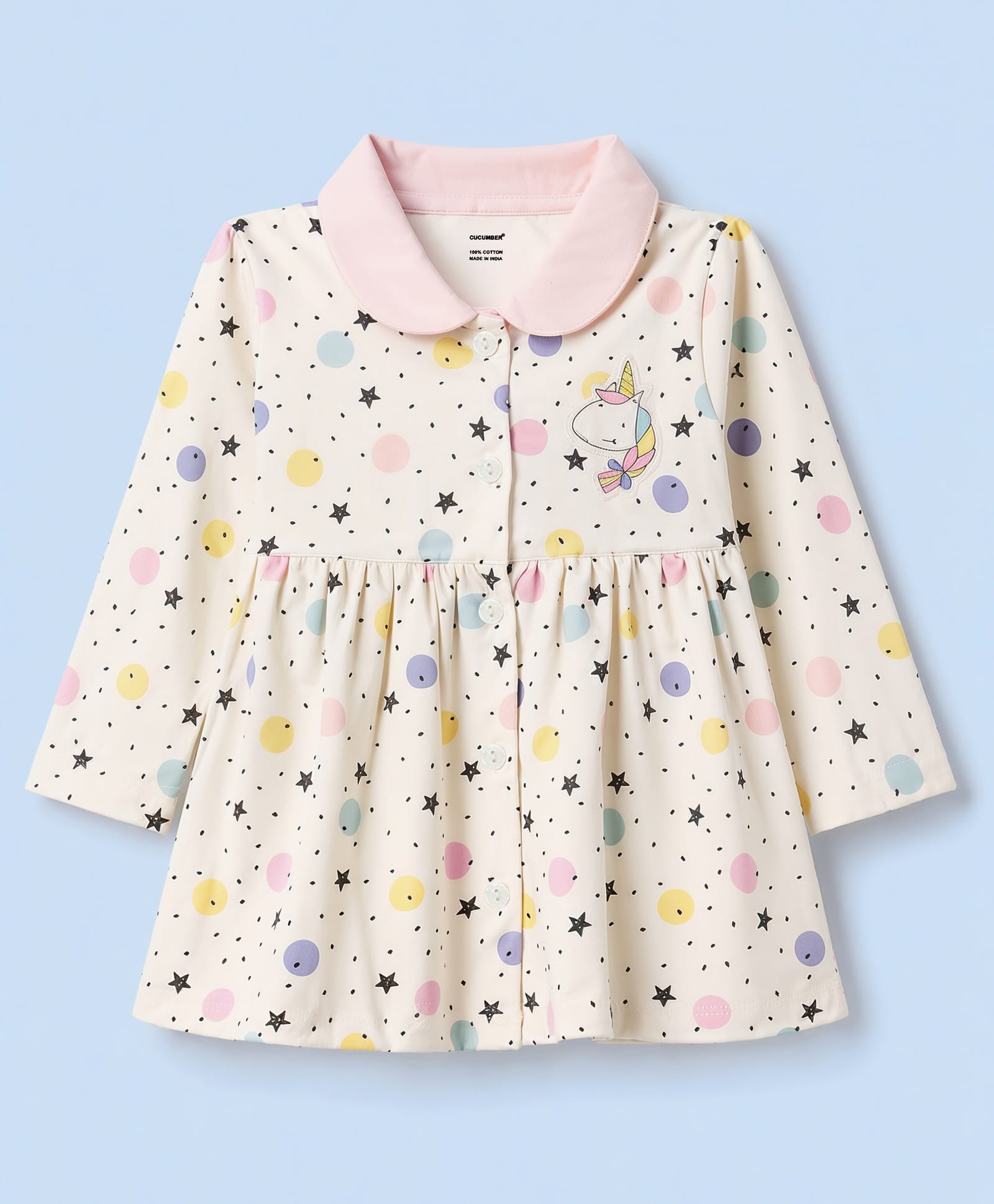 CUCUMBER Sinker Knit Full Sleeves Collar Neck Front Open Space Printed Frock with Unicorn Patch - Cream-picture-39