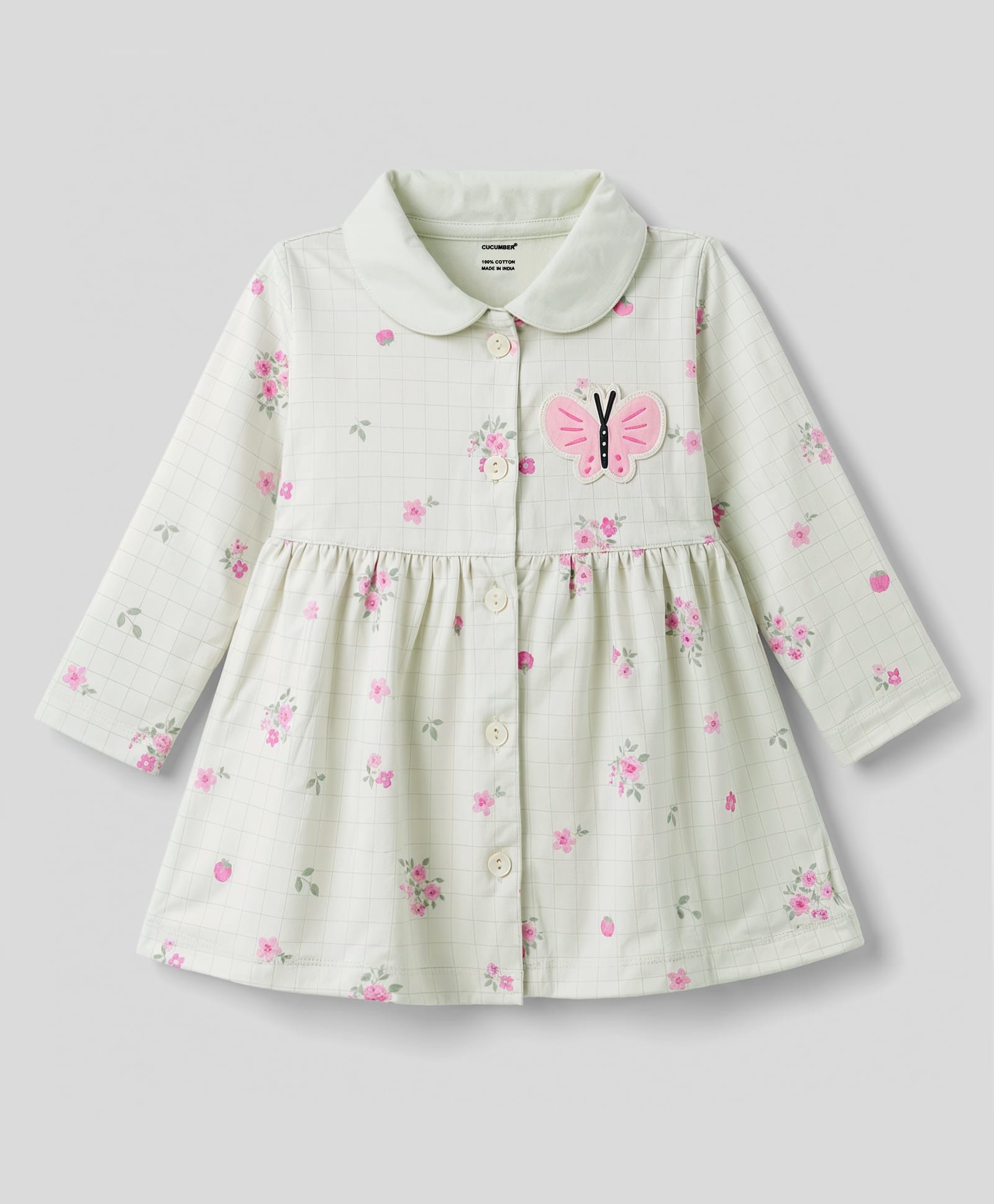 CUCUMBER Sinker Knit Full Sleeves Frock With Floral Print & Butterfly Patch- Light Green-image-27