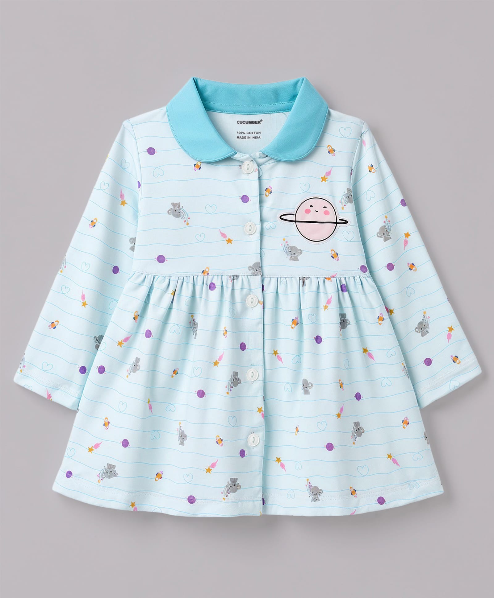 CUCUMBER Sinker Knit Full Sleeves Collar Neck Front Open Elephant Printed Frock with Planet Patch - Light Blue-picture-20