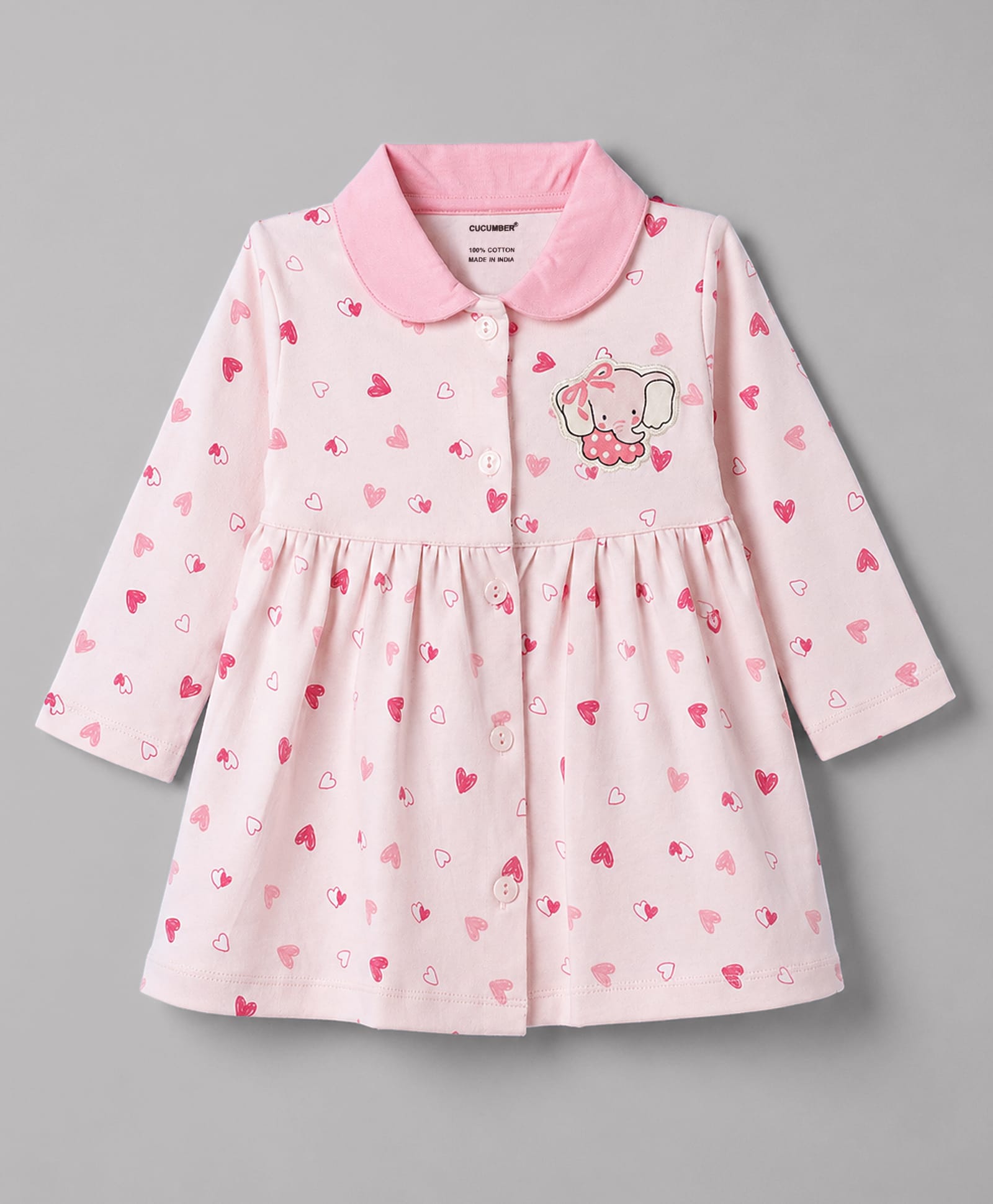CUCUMBER Sinker Knit Full Sleeves Hearts Printed & Elephant Embroidered Frock - Baby Pink-image-20