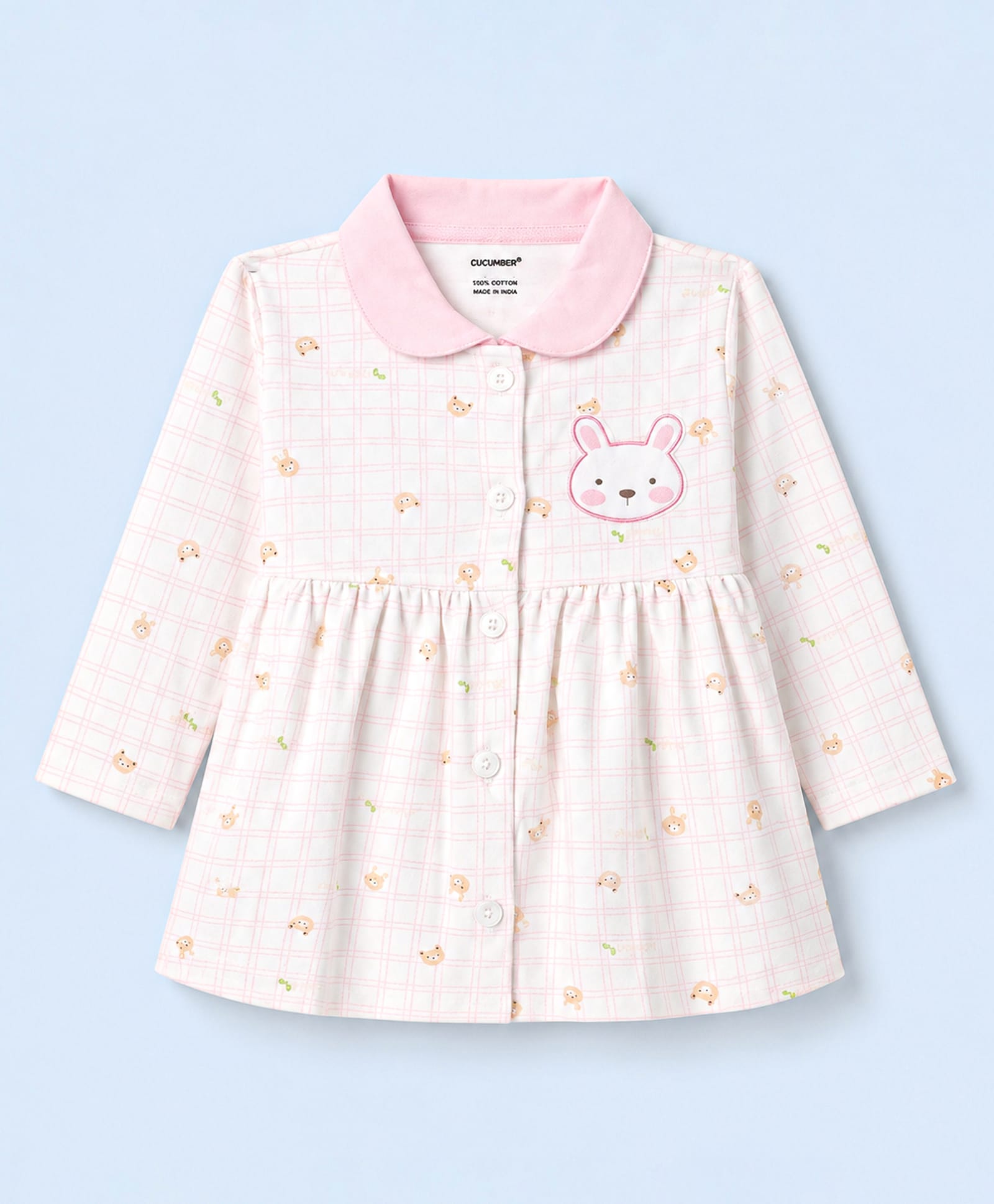 CUCUMBER Sinker Knit Full Sleeves Collar Neck Front Open Bow Printed Frock with Bear Patch - Off White-picture-13