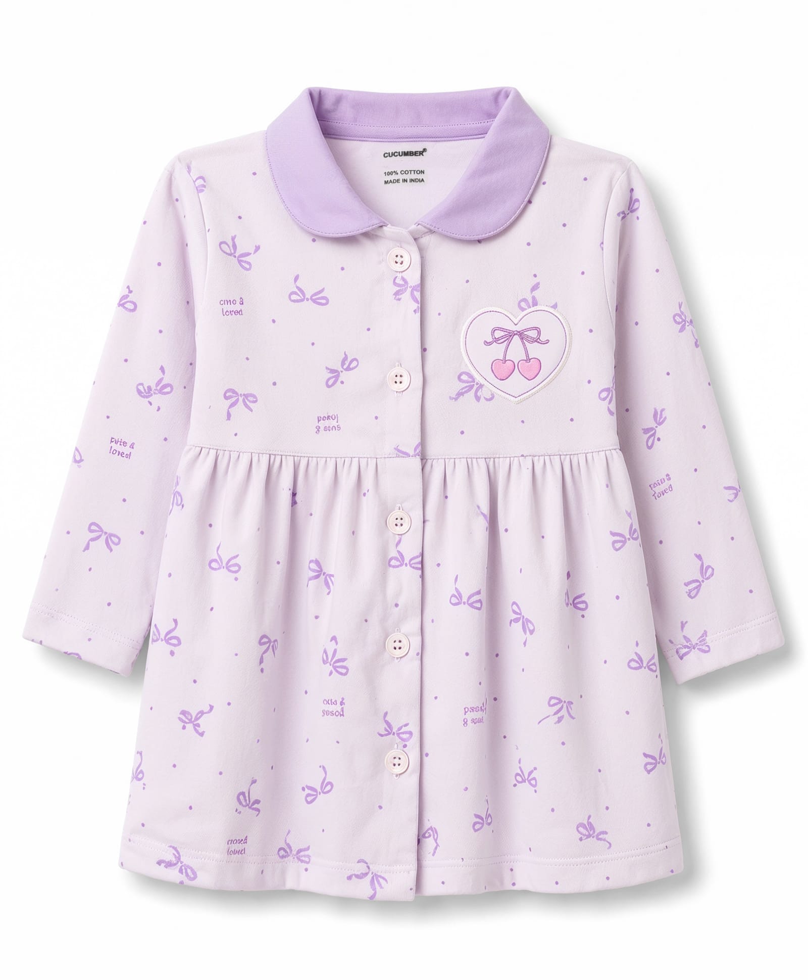 CUCUMBER Sinker Knit Full Sleeves Collar Neck Front Open Bow Printed Frock with Heart Patch - Lilac-picture-18