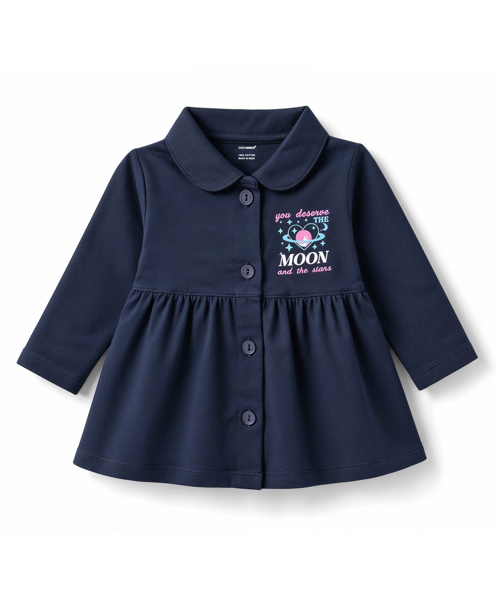 CUCUMBER Sinker Knit Full Sleeves Collar Neck Front Open Text Printed Frock - Navy-picture-47