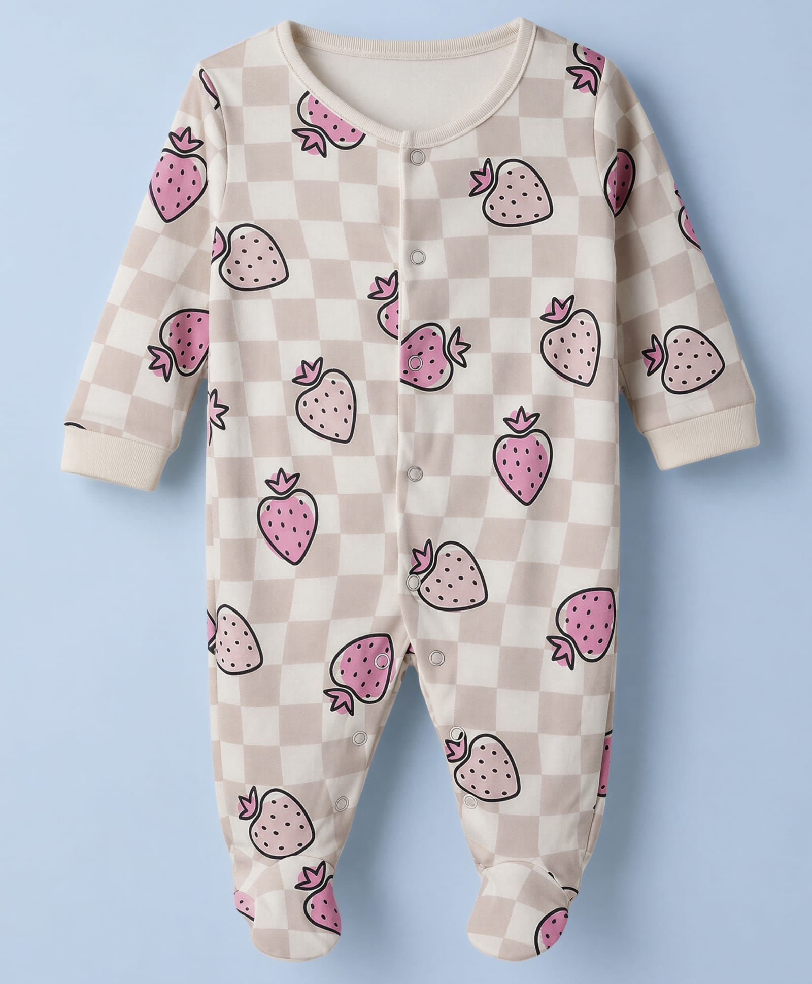 CUCUMBER Interlock Knit Full Sleeves Footed Sleep Suits with checks & Strawberry Print - Ivory-image-39