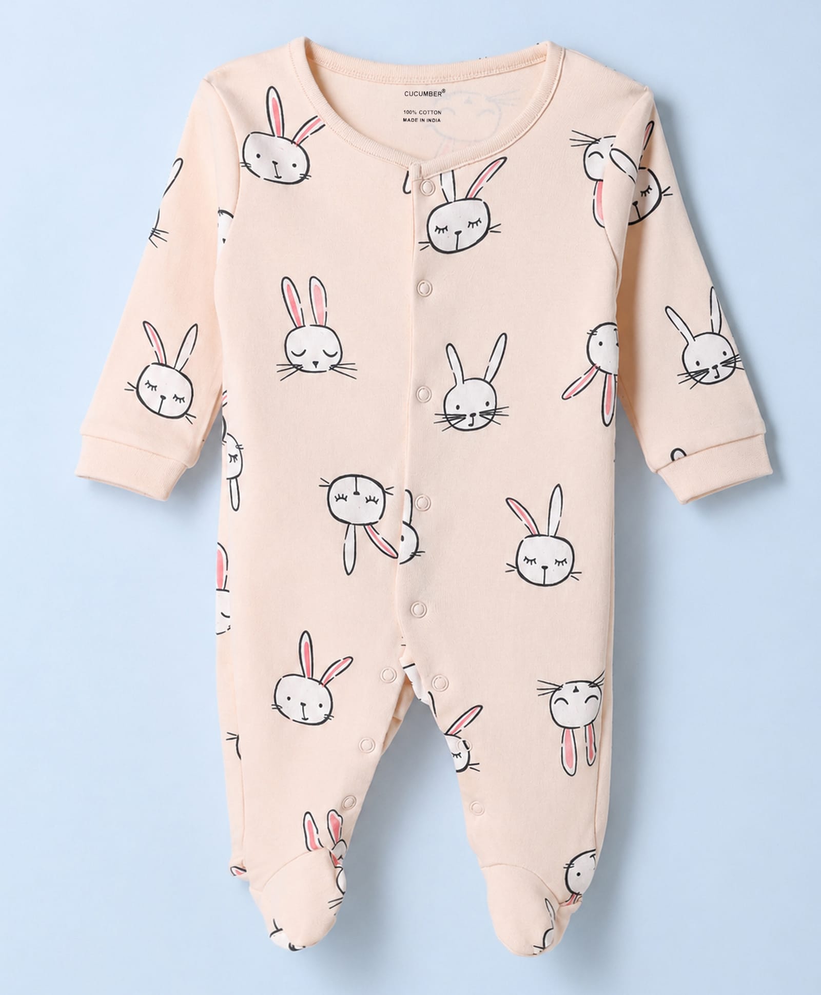 CUCUMBER Interlock Knit Full Sleeves Footed Sleep Suits Bunny Print - Peach-image-32
