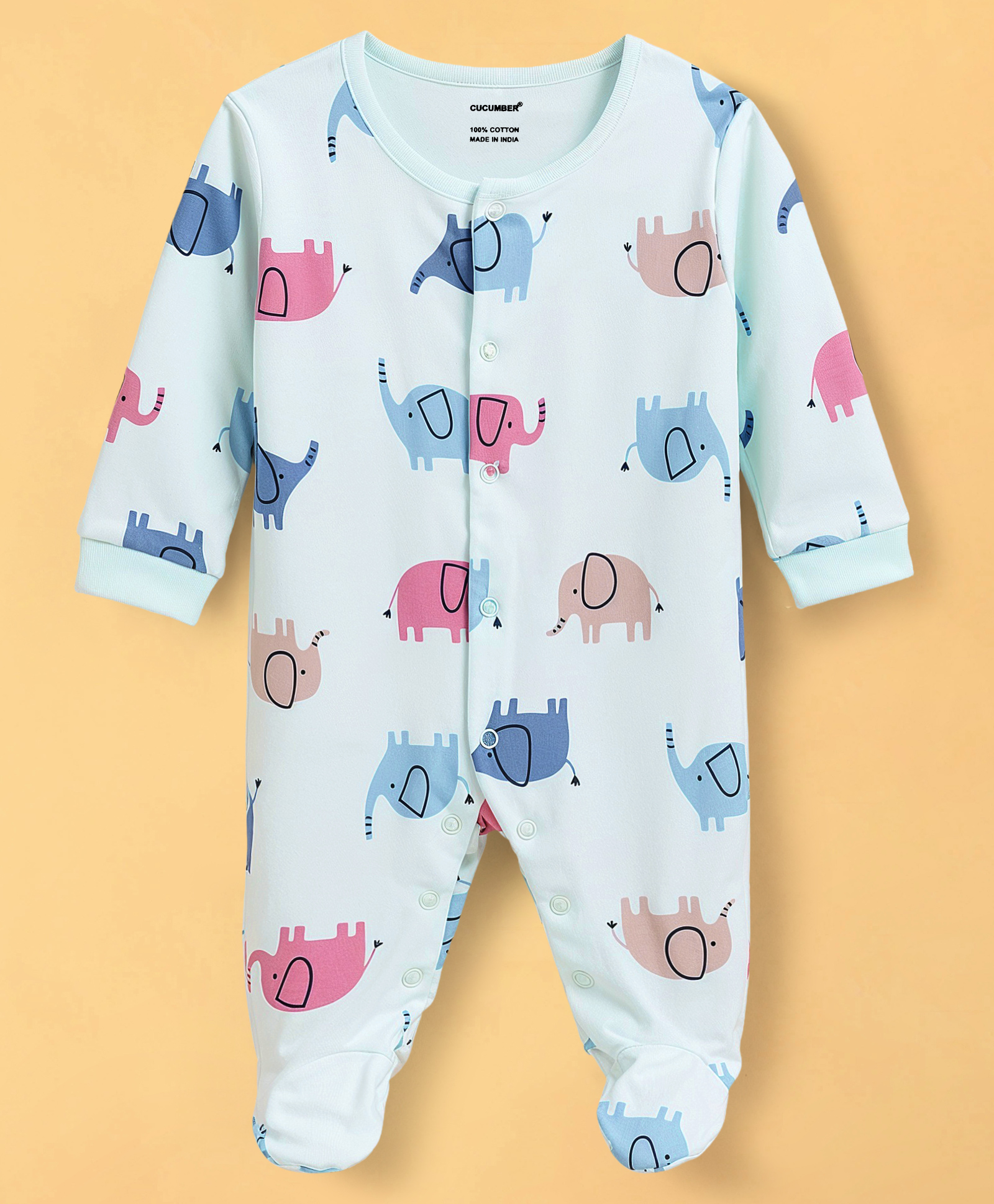 CUCUMBER Interlock Knit Full Sleeves Footed Sleep Suits with Elephant Print - Light Blue-image-45