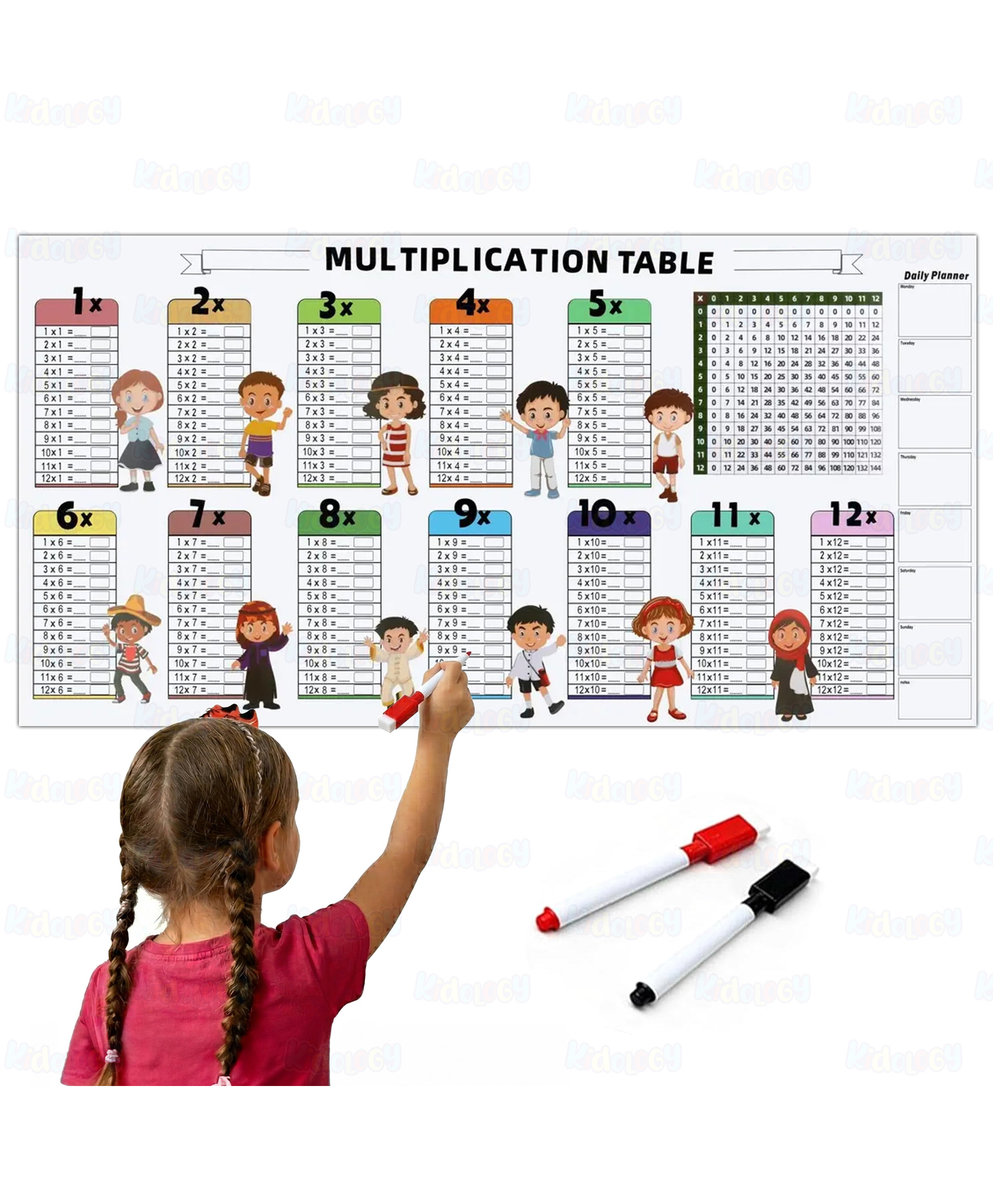 Kidology Reusable Multiplication Table Learning Chart - Stickable Dry Erase Math Poster for Kids - Colorful Educational Times Table Sheet for Study & Classroom Wall-image-9