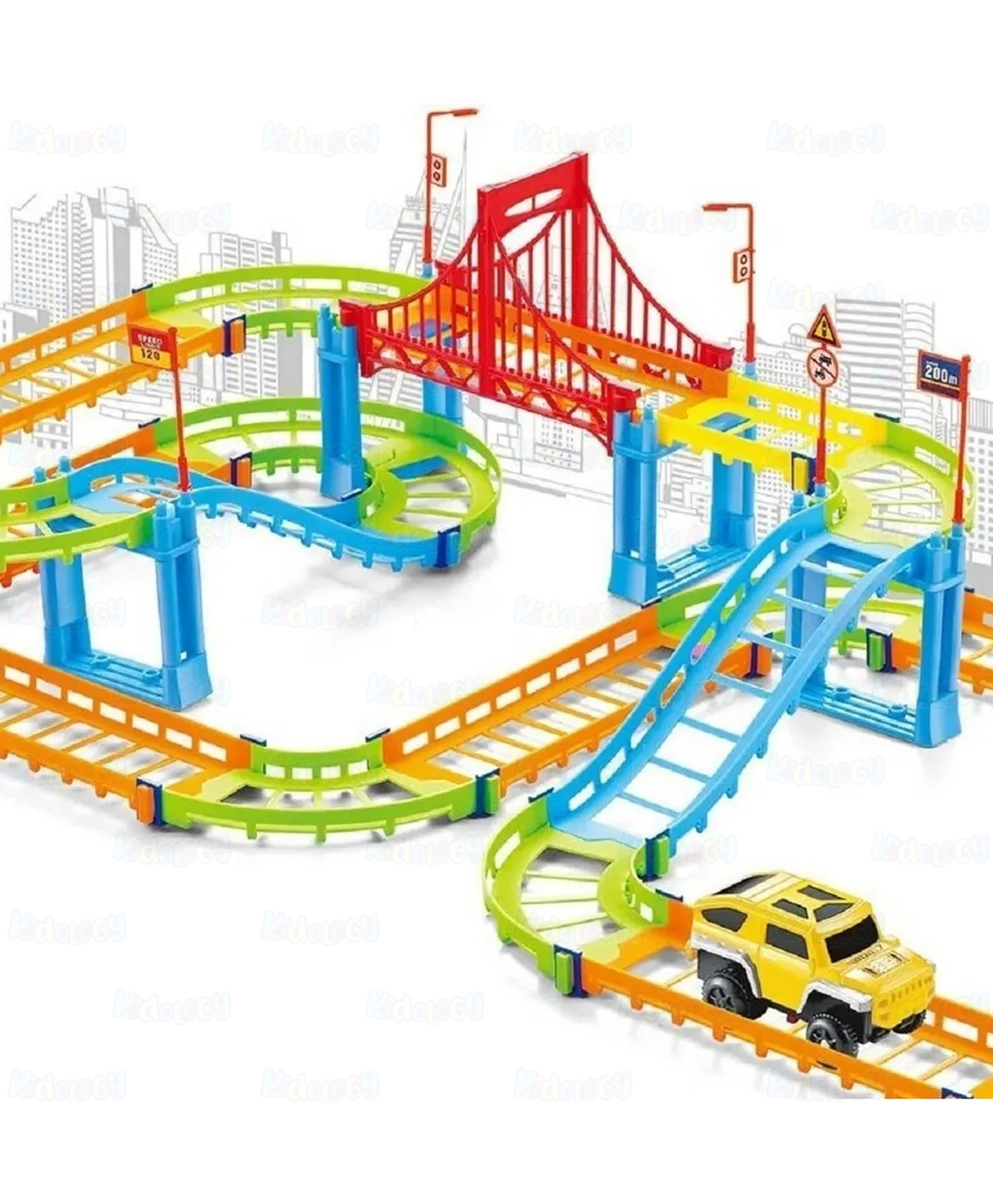 Kidology 95 Pcs Flexible Racing Track Playset - DIY Changeable Variety Track with Battery Operated Electric Car - Creative Indoor & Outdoor Racing Toy for Kids 3+ Years-image-36