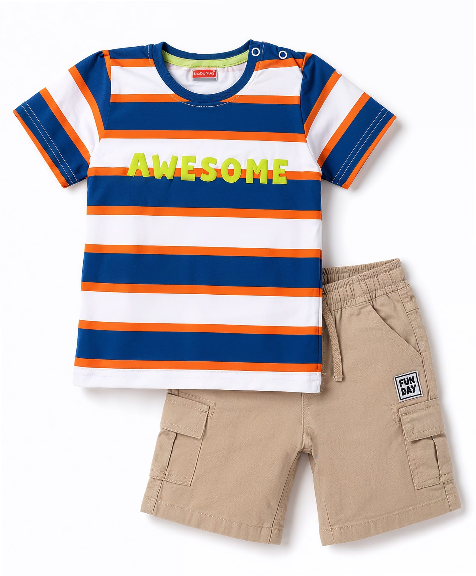 Babyhug 100% Cotton Knit Half Sleeves Striped & Text Printed T-Shirt & Cargo Shorts Set With Patch - Beige & Blue-image-18