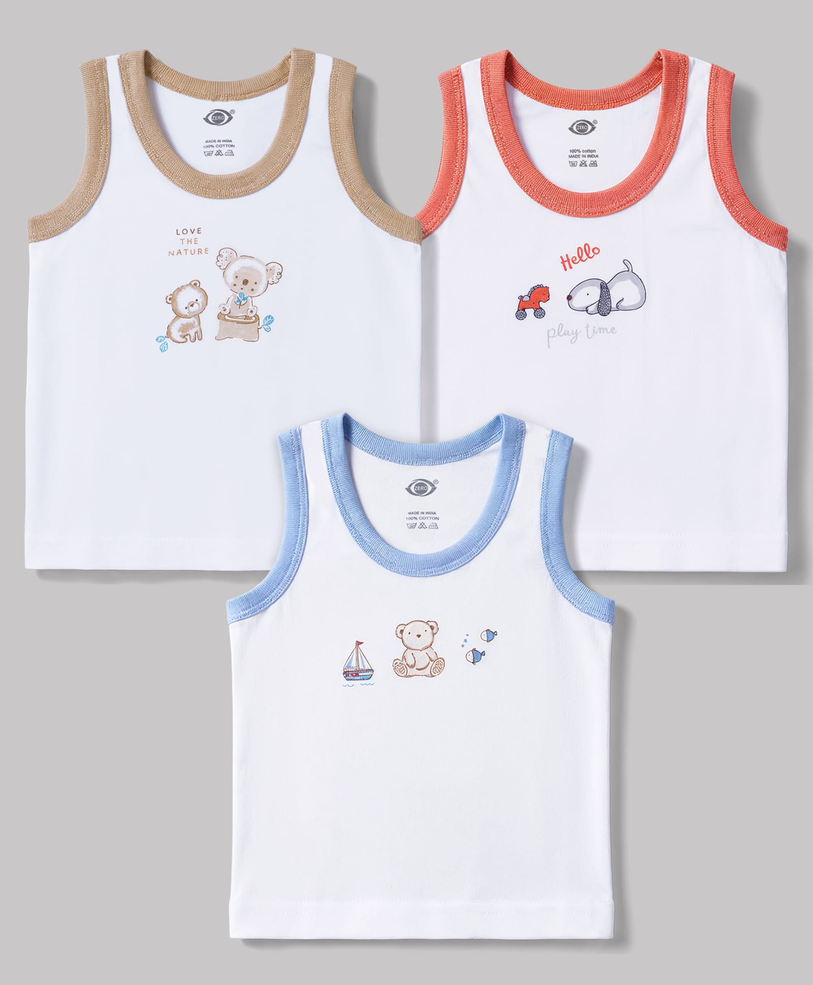 Zero Sinker Knit Sleeveless Vests With Teddy Bear Print Set Of 3 - White, Red & Brown-image-46