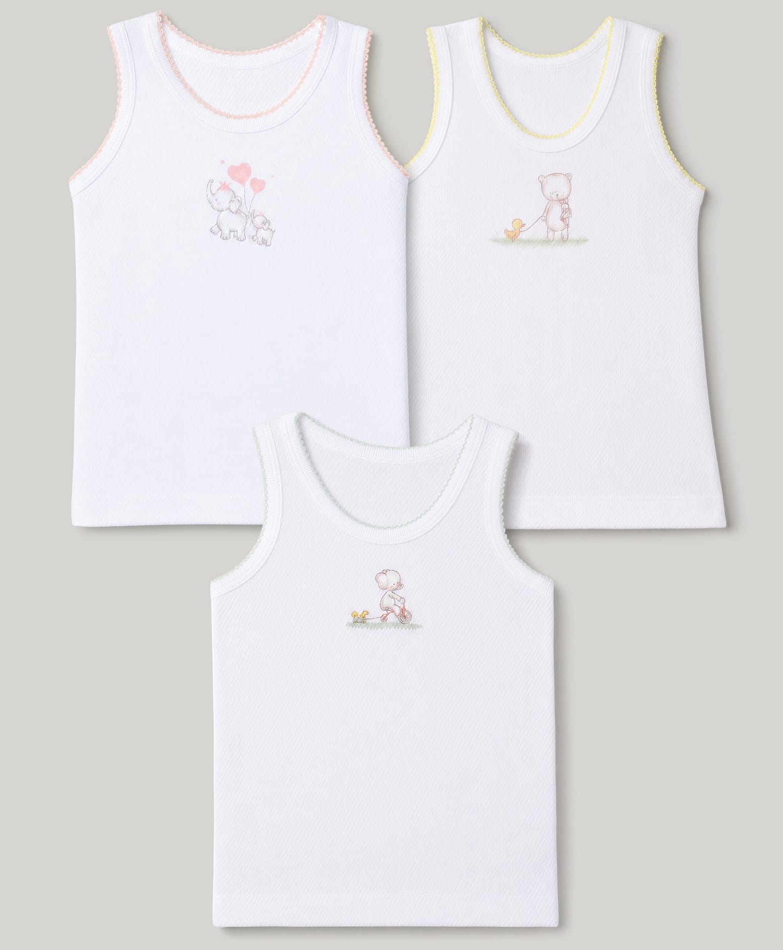Zero Sinker Knit Sleeveless Vests With Elephant & Teddy Bear Print Pack of 3 - Lime , Pink , Orange-picture-17