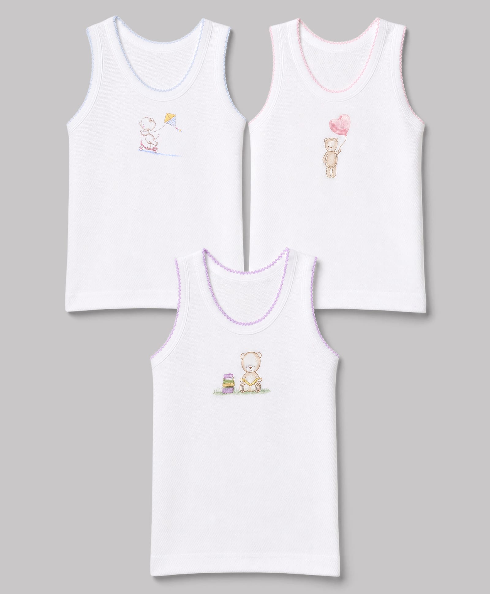 Zero Sinker Knit Sleeveless Vests With Teddy Bear Print Pack of 3 - White-picture-2