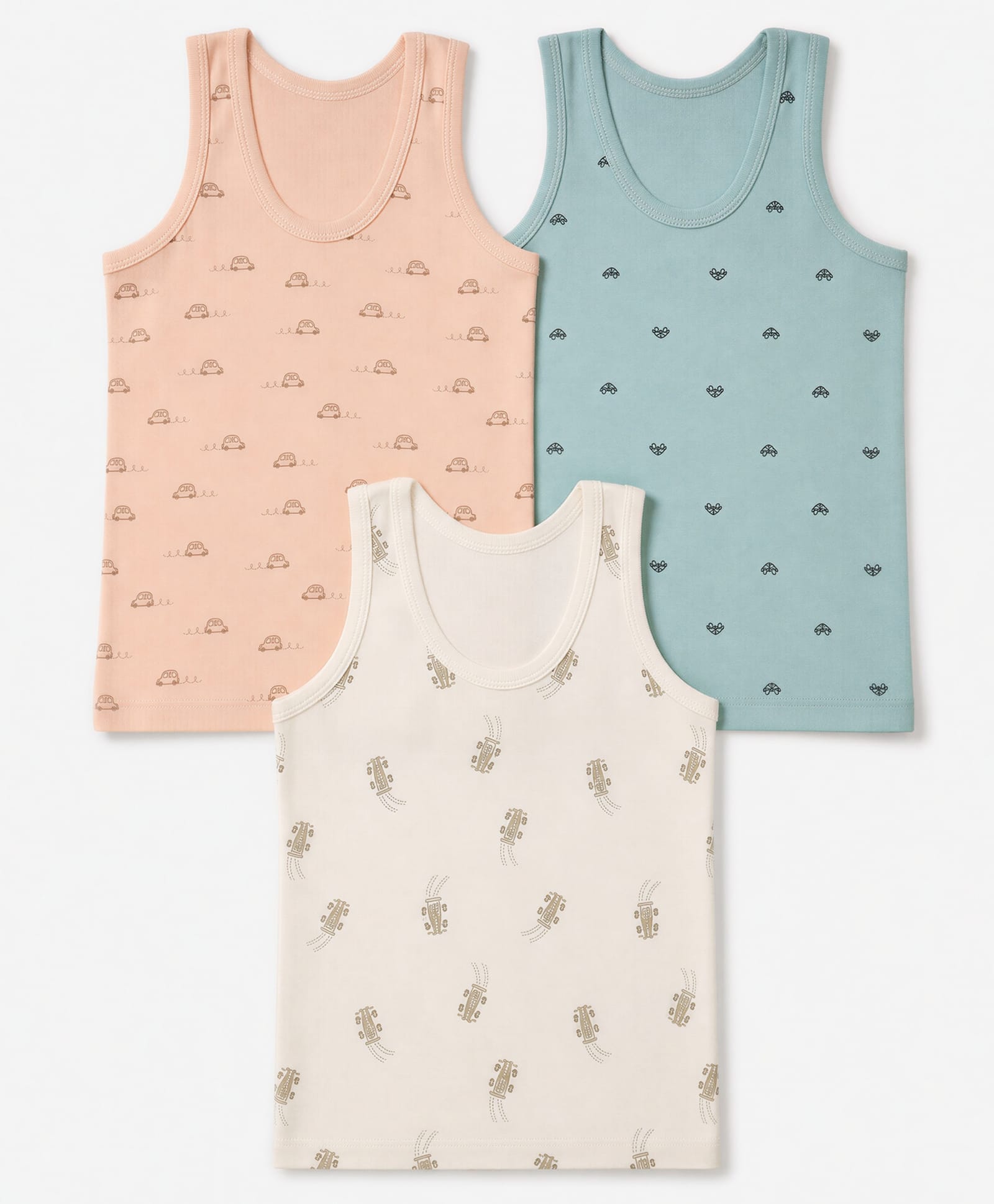 Zero Sinker Knit Sleeveless Vests With Vehicle Print Pack of 3 - Orange, Turquoise & Beige-picture-1