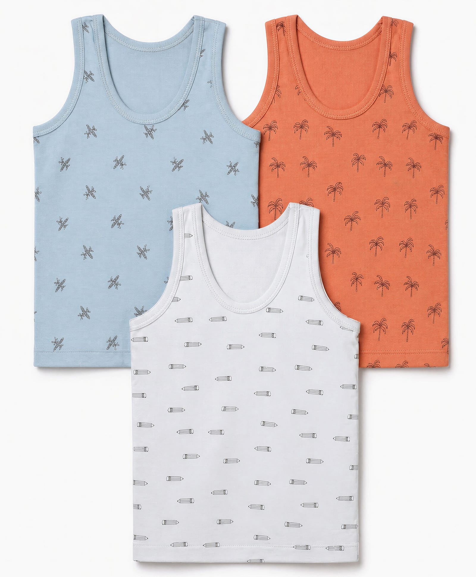 Zero Sinker Knit Sleeveless Vests With Palm Tree Print Pack of 3 - Light Brown, Silver & Sky Blue-image-26