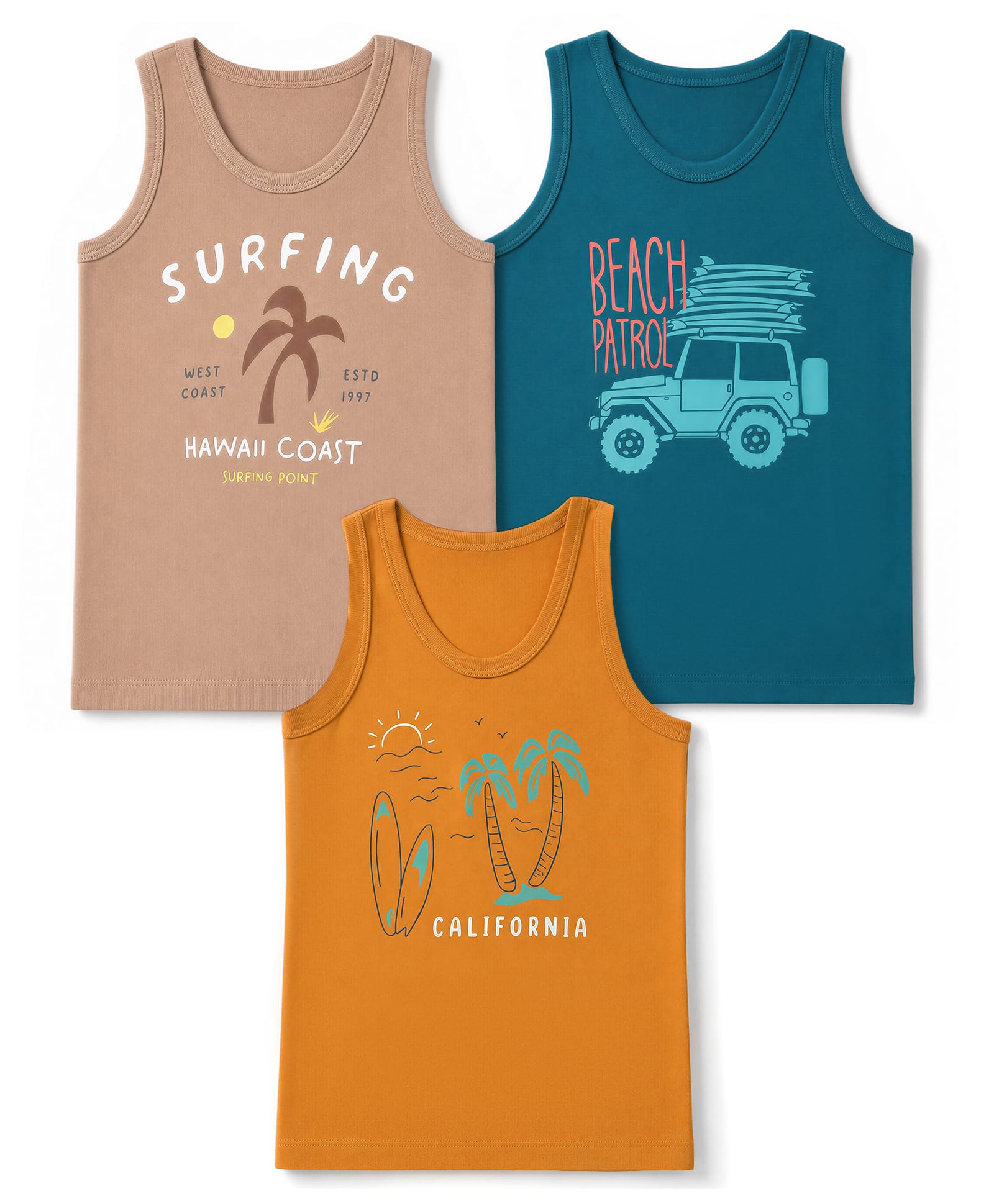 Zero Sinker Knit Sleeveless Vests With Beach Theme Print Pack of 3 - Mustard, Teal Blue & Brown-image-1