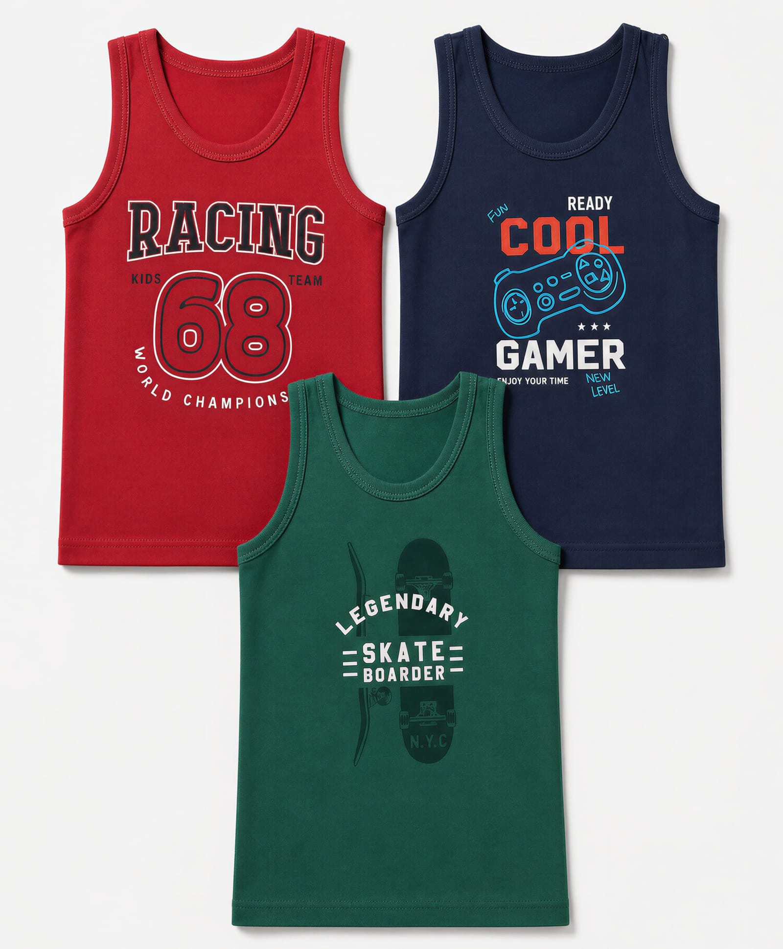 Zero Sinker Knit Sleeveless Vests With Text Print Pack of 3 - Red, Navy Blue & Dark Green-picture-19