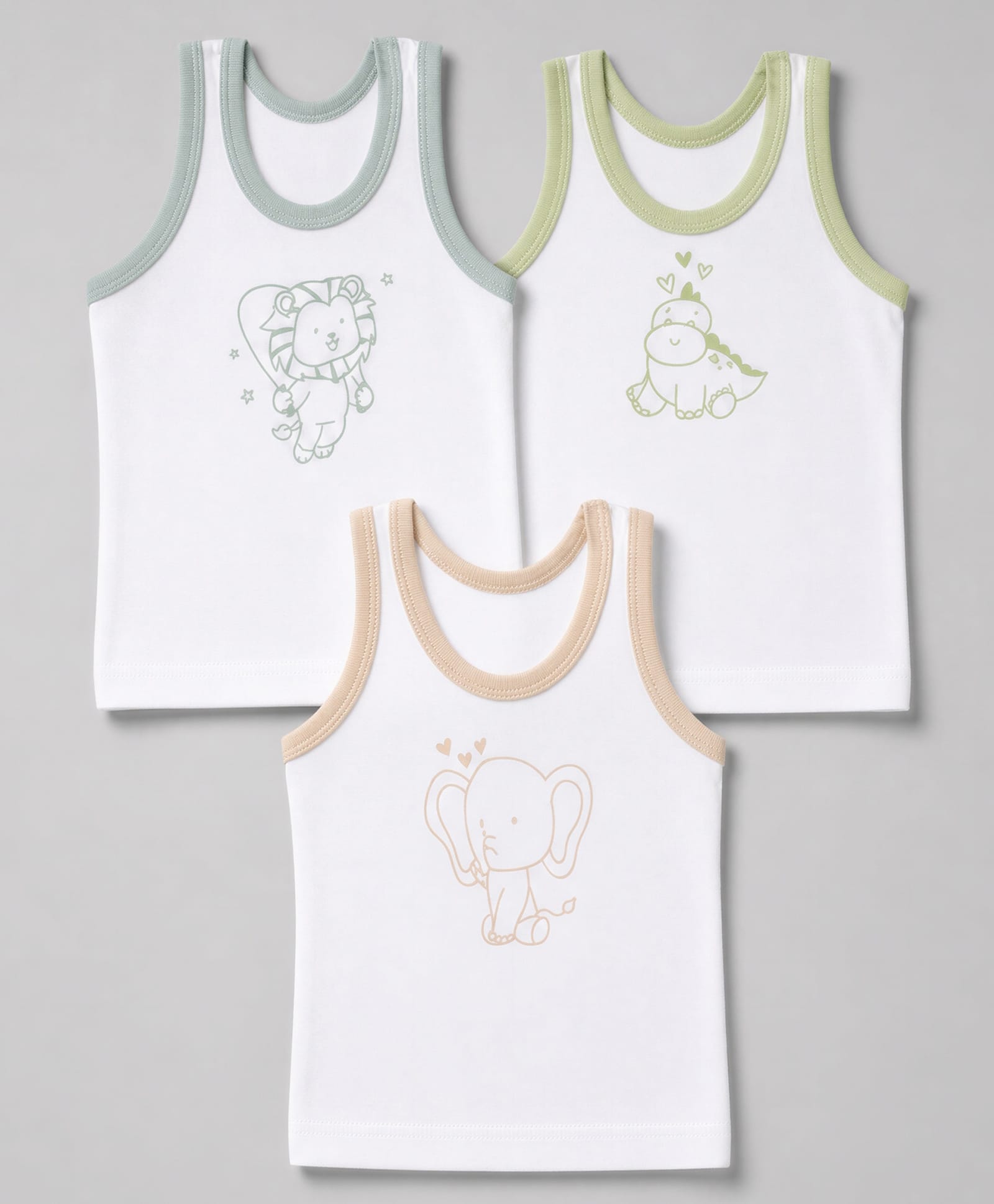 Zero Sinker Knit Sleeveless Vests With Animal Print Pack of 3 - Blue, Green & Brown-picture-2