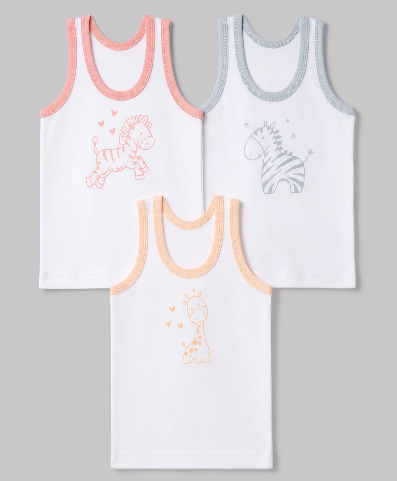 Zero Sinker Knit Sleeveless Vests With Animal Print Set Of 3 - Peach, Orange & Blue-image-37