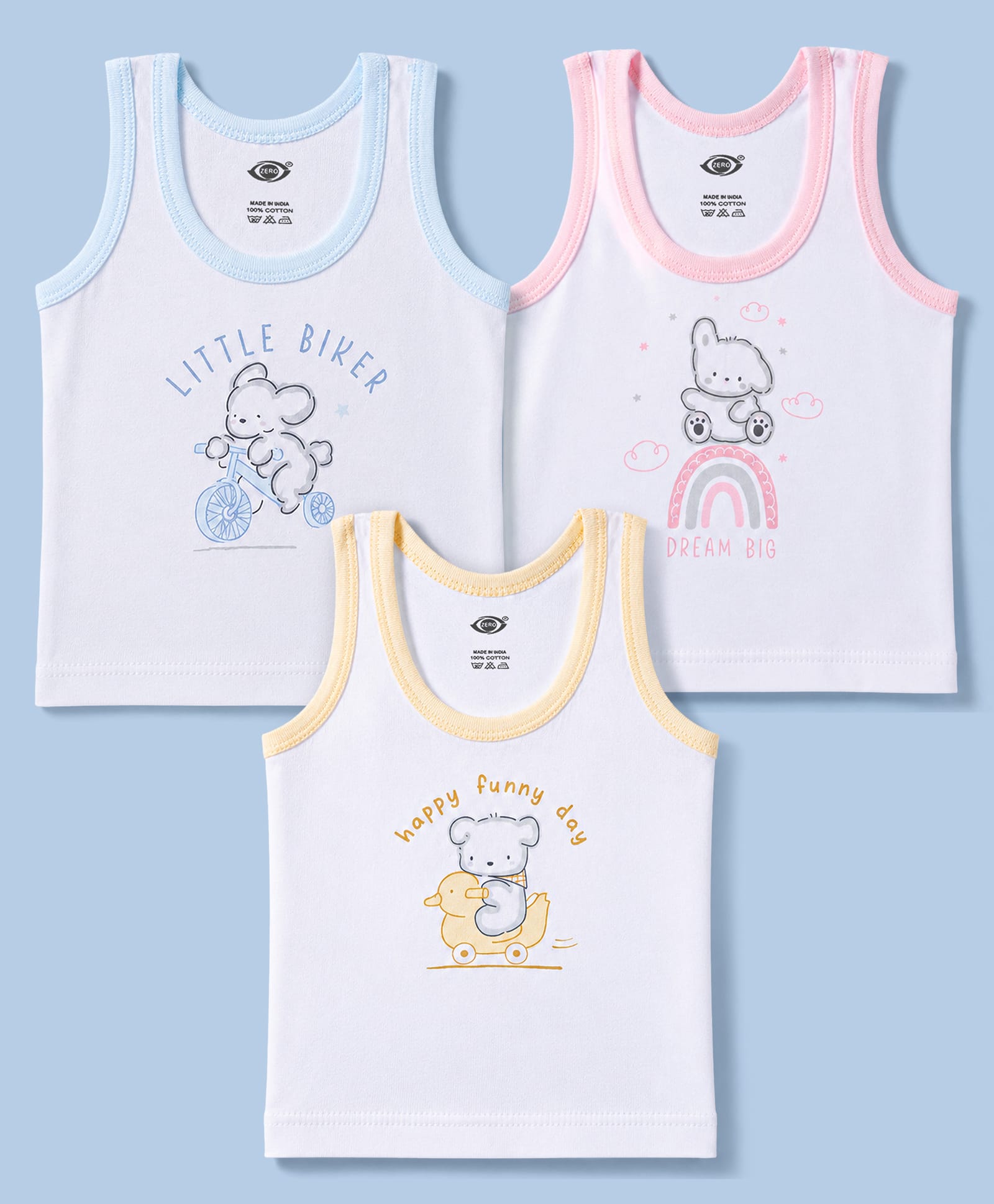 Zero Sinker Knit Sleeveless Vests With Teddy Bear & Text Print Set Of 3 - Peach, Orange & Blue-picture-0