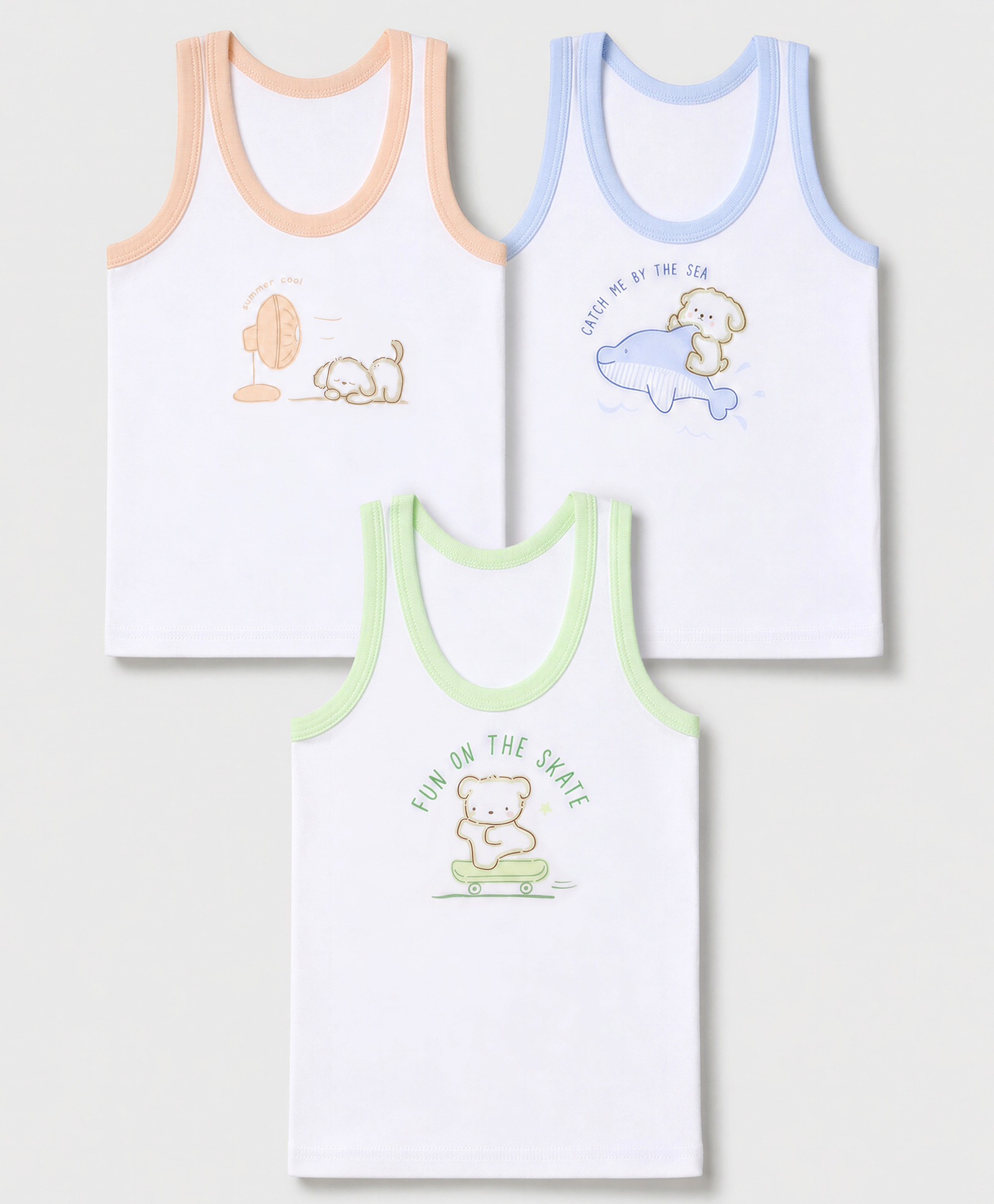 Zero Sinker Knit Sleeveless Vests With Teddy Bear & Text Print Set Of 3 - Peach, Green & Blue-picture-11