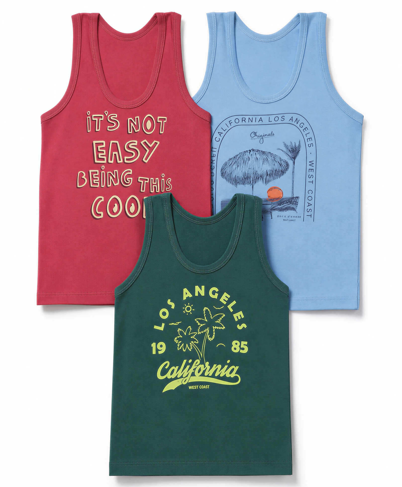 Zero Sinker Knit Sleeveless Vests With Text Print Set Of 3 - Red, Green & Blue-picture-38