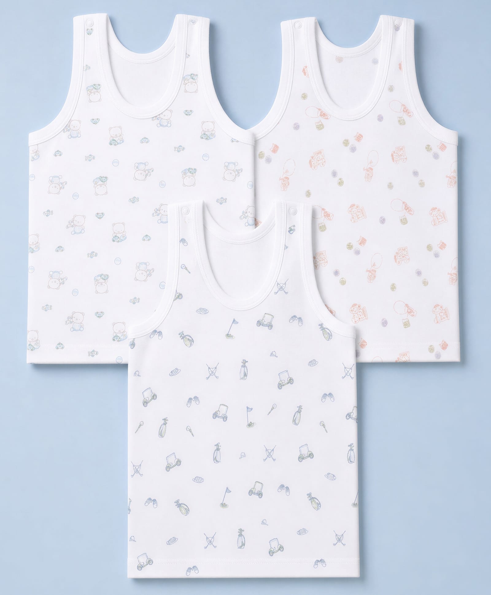 Zero Sinker Knit Sleeveless Vests With Vehicle & Teddy Bear Print Set Of 3 - White-picture-9