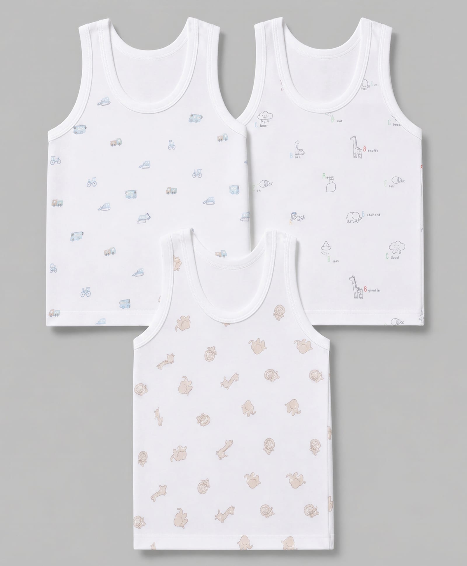 Zero Sinker Knit Sleeveless Vests With Truck, Alphabets, Lion Giraffe & Elephant Print Pack of 3 - White-picture-34