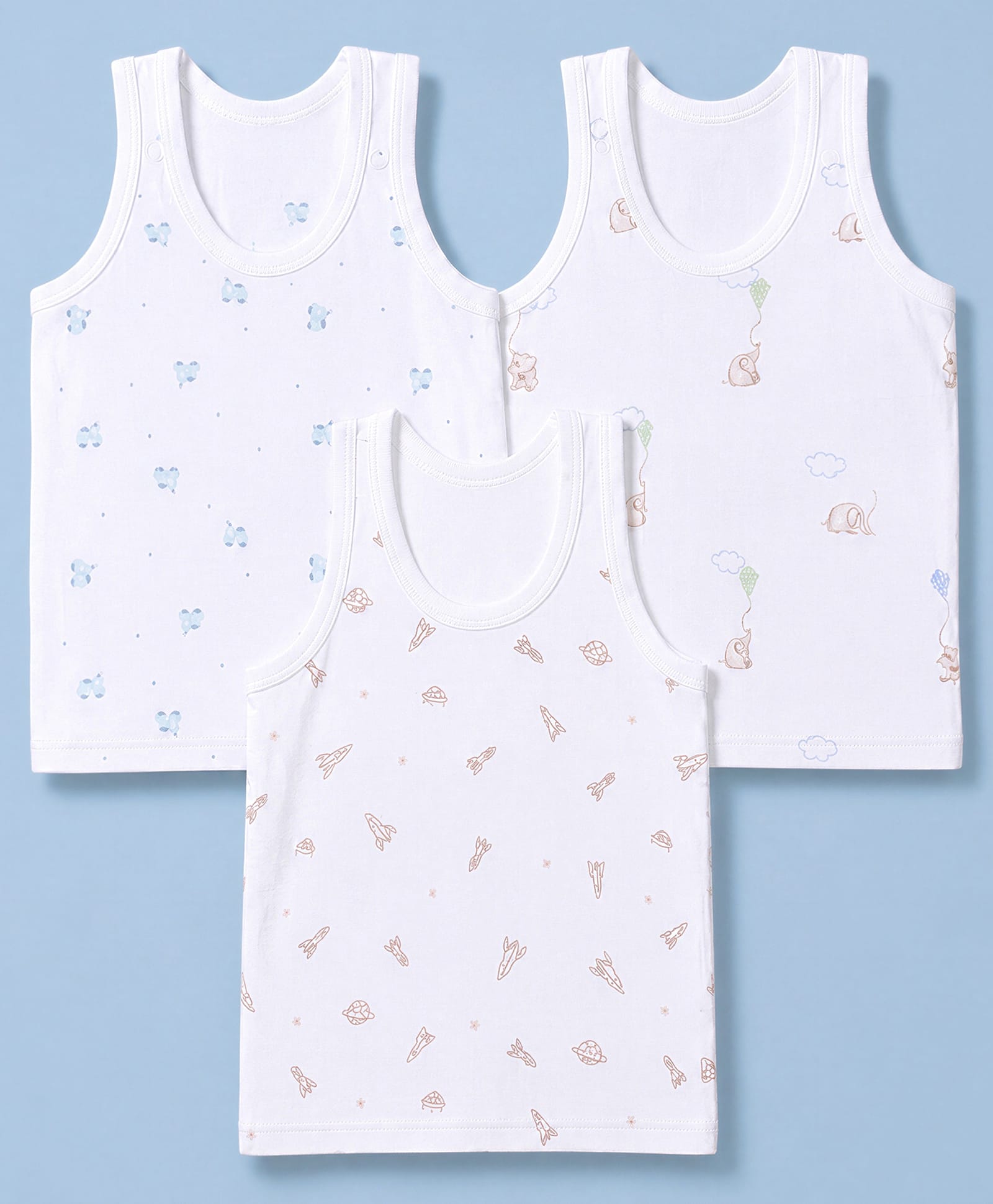 Zero Sinker Knit Sleeveless Vests With Scooters ,Rockets & Planets, Elephants & Kites Print Pack of 3 - White-picture-23