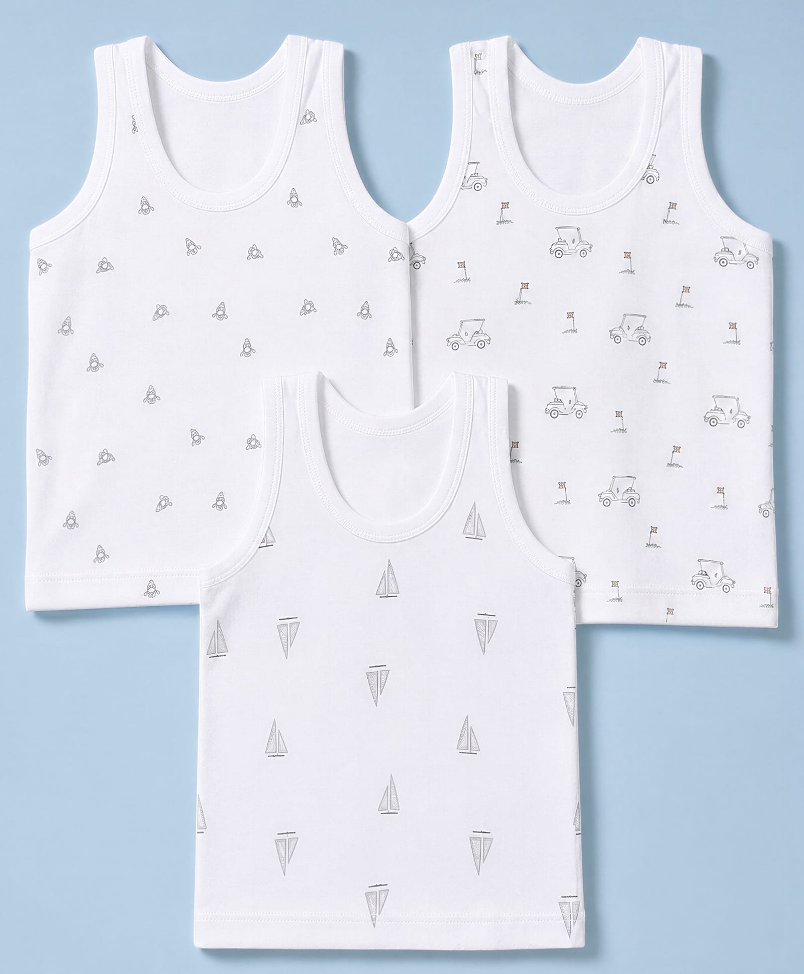 Zero Sinker Knit Sleeveless Vests With Sail Boats , Rowing Boats , Golf Cars & Flags Print Pack of 3 - White-picture-12