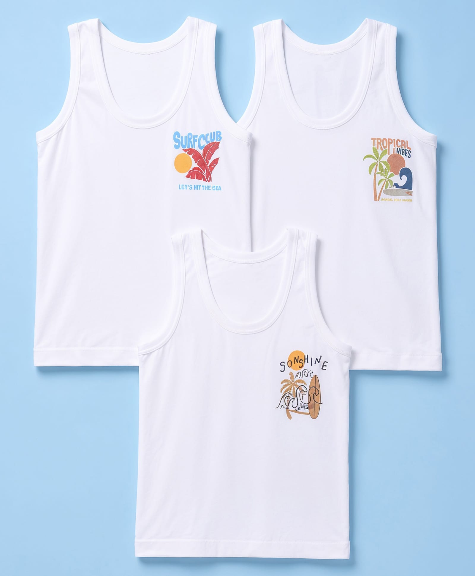 Zero Sinker Knit Sleeveless Vests With Surf Club , Sunshine , Tropical Vibes Print Pack of 3 - White-picture-13