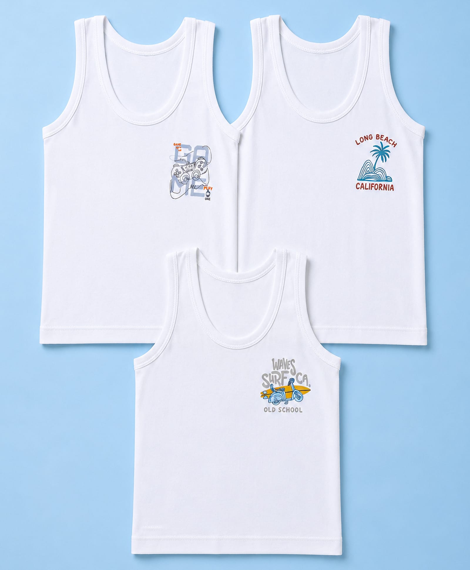 Zero Sinker Knit Sleeveless Vests With Waves Surf Old School ,Long Beach California , Game Print Pack of 3 - White-picture-3