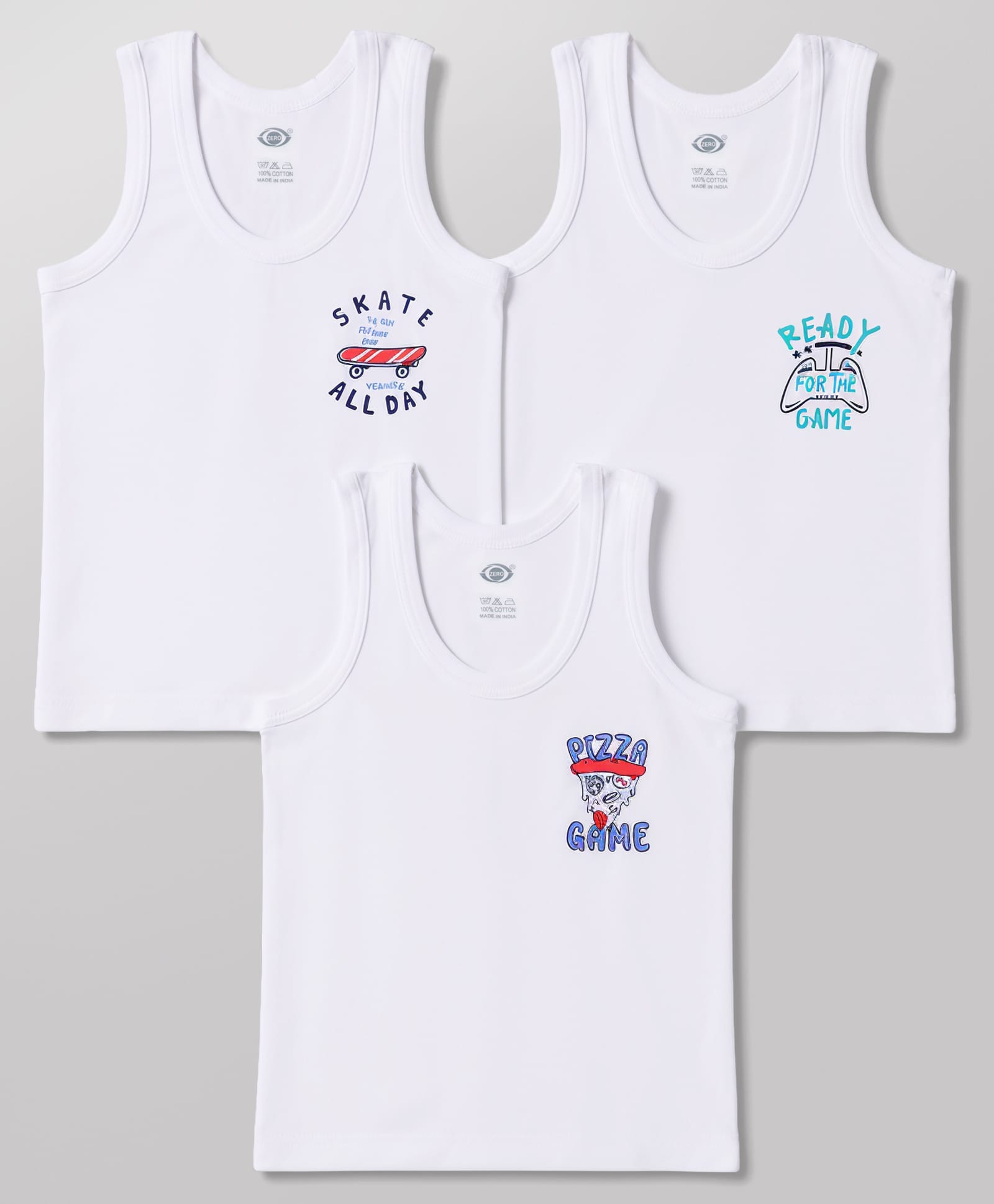 Zero Sinker Knit Sleeveless Skate Theme Text Printed Vests Set Of 3 - White-picture-16