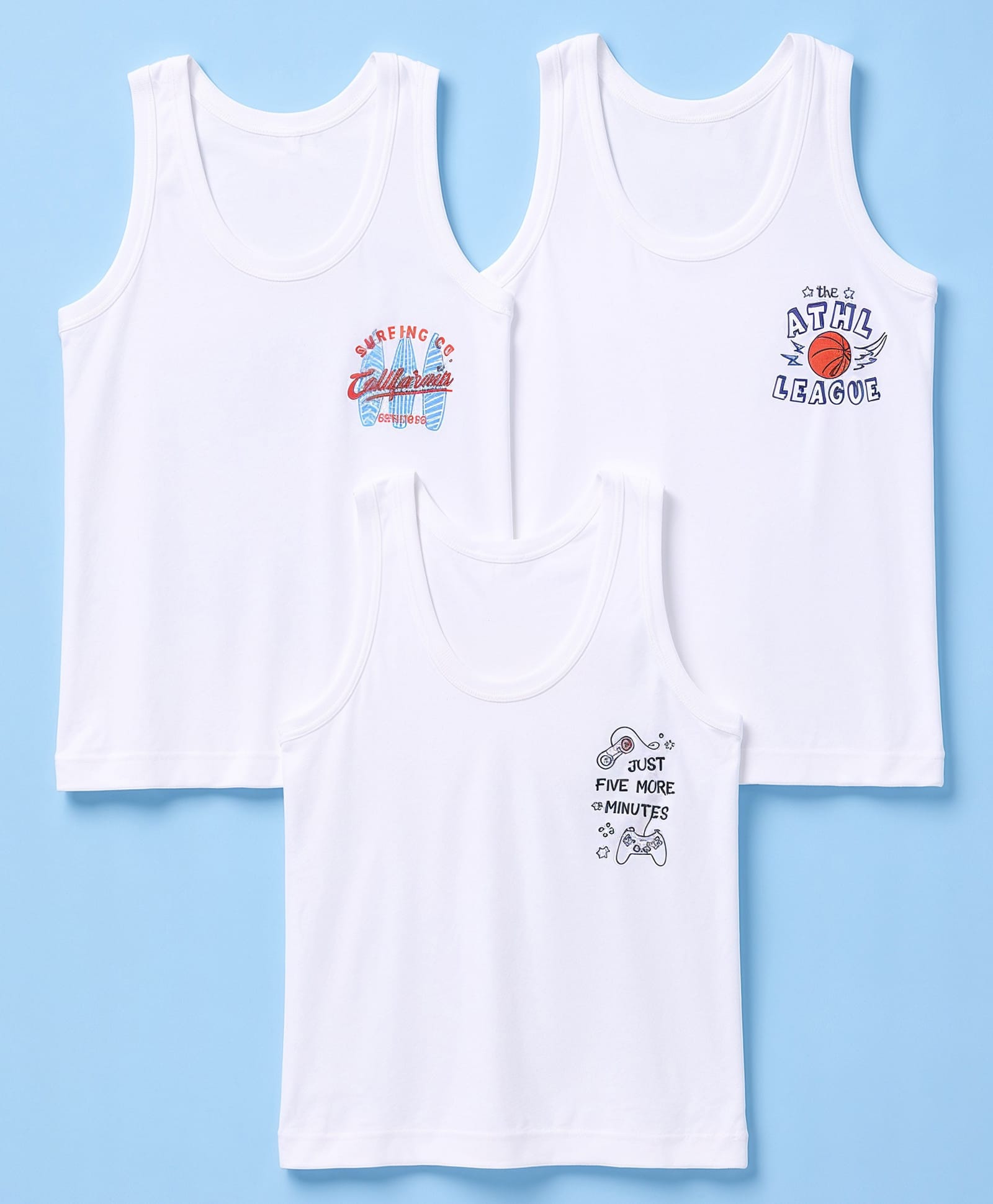 Zero Sinker Knit Sleeveless Vests With ATHL League , Just 5 More Minutes , Surfing Co. California Print Pack of 3 - White-picture-12