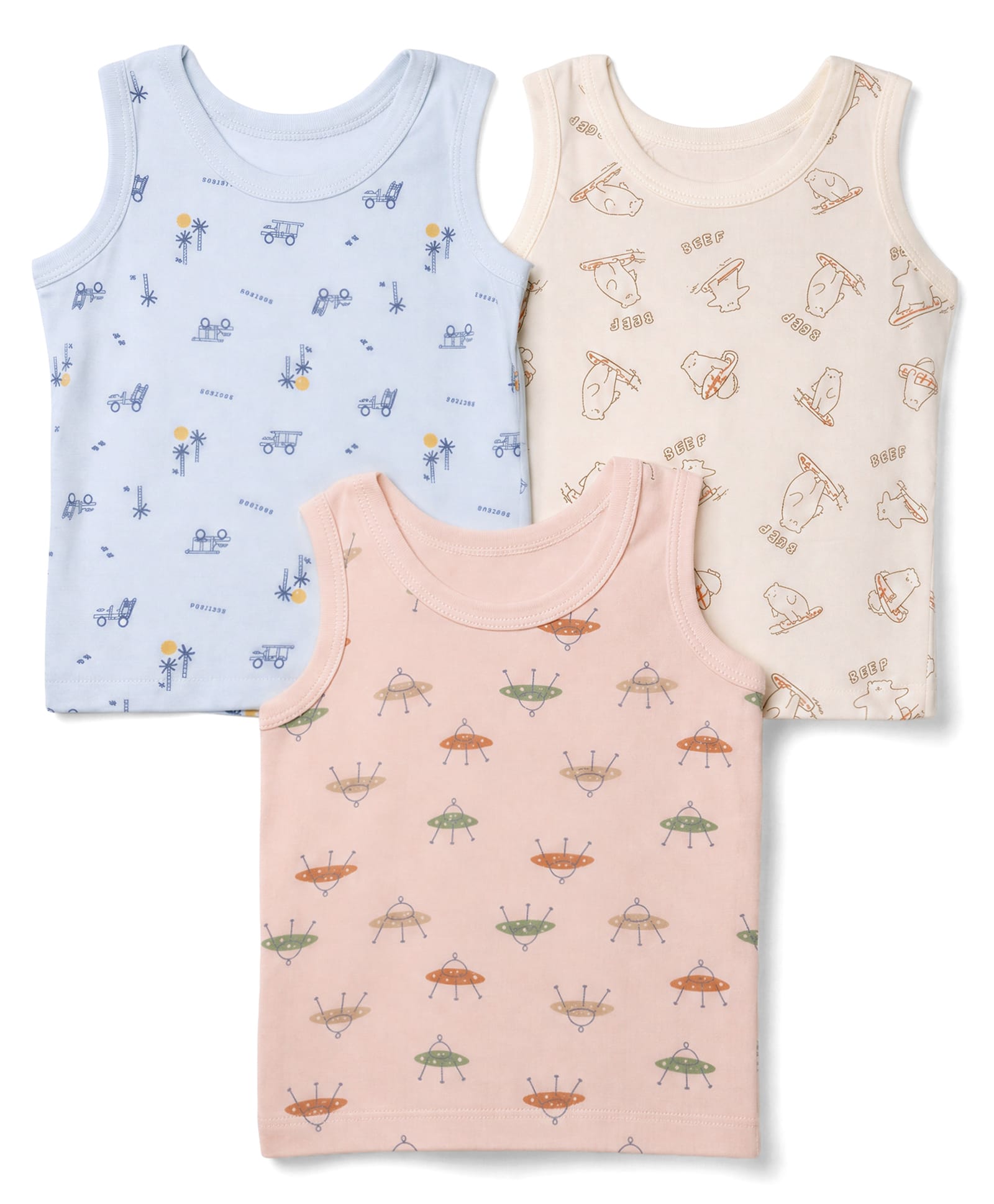 Zero Sinker Knit Sleeveless Vests With Vehicle, Space & Beef Print Pack of 3 - Peach, Blue & Silver-picture-21