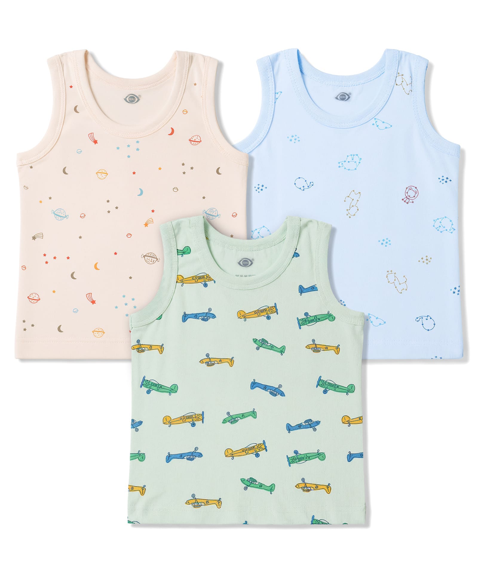 Zero Sinker Knit Sleeveless Vests With Space Theme Print Set Of 3 - Peach, Green & Blue-picture-7