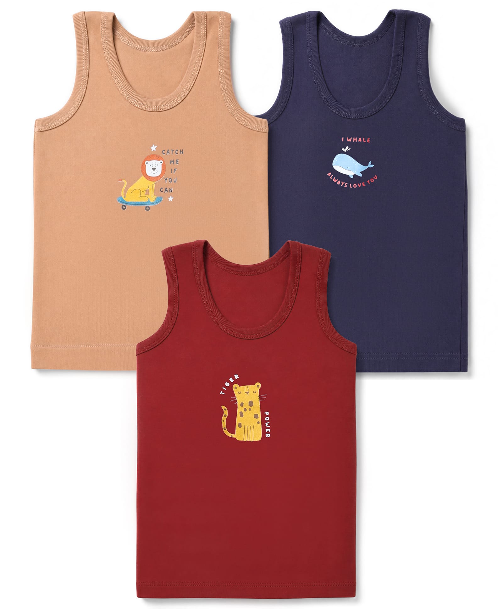 Zero Sinker Knit Sleeveless Vests With Animal Print Pack of 3 - Maroon, Brown & Navy-image-44