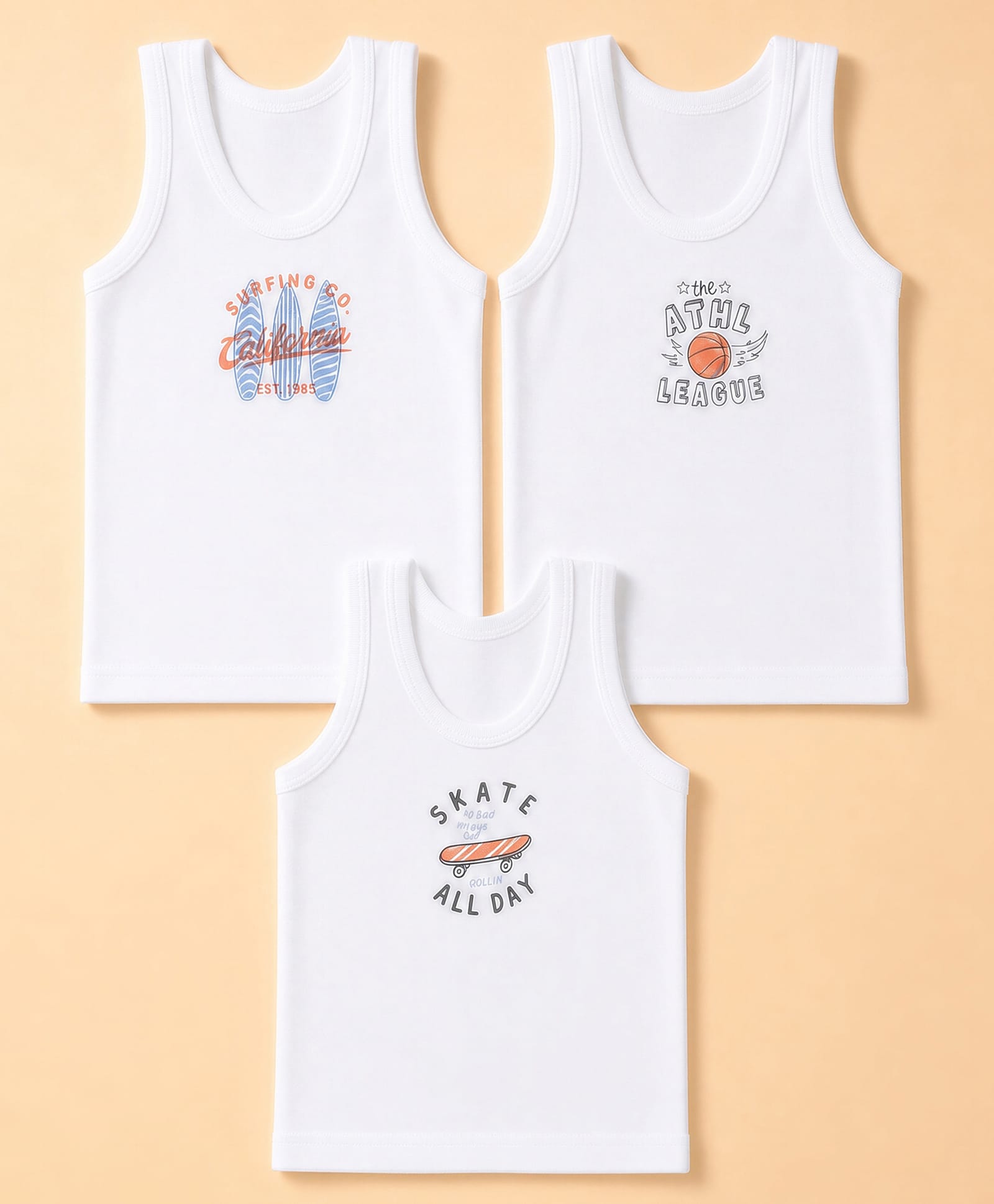 Zero Sinker Knit Sleeveless Vests With Surfing Theme Print Set Of 3 - White-picture-23