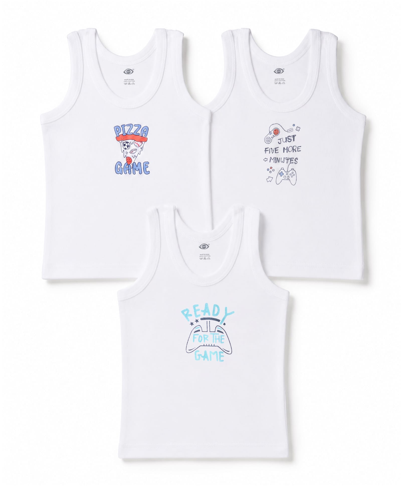 Zero Sinker Knit Sleeveless Vests With Pizza & Game Print Set Of 3 - White-picture-7
